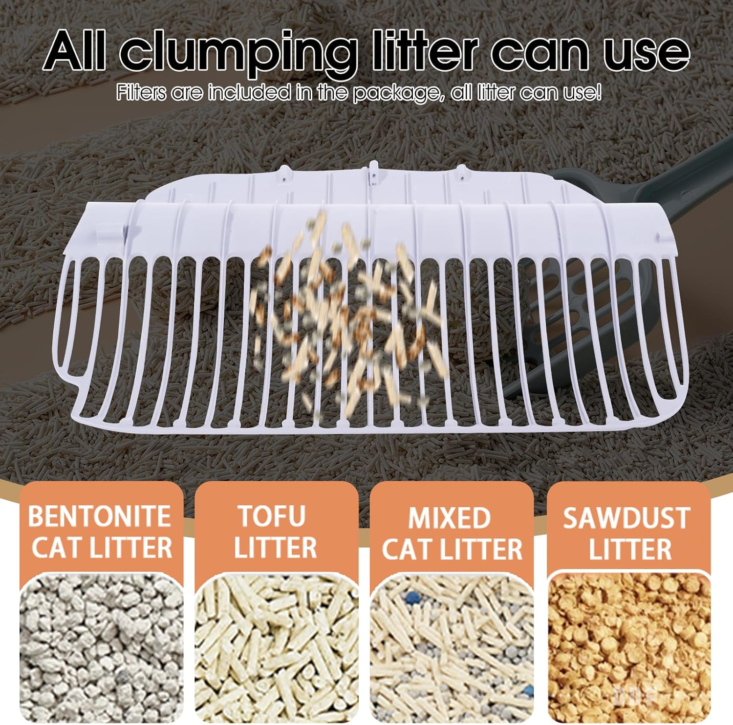 Image showing different types of clumping litter compatible with the box: Bentonite, Tofu, Mixed, Sawdust