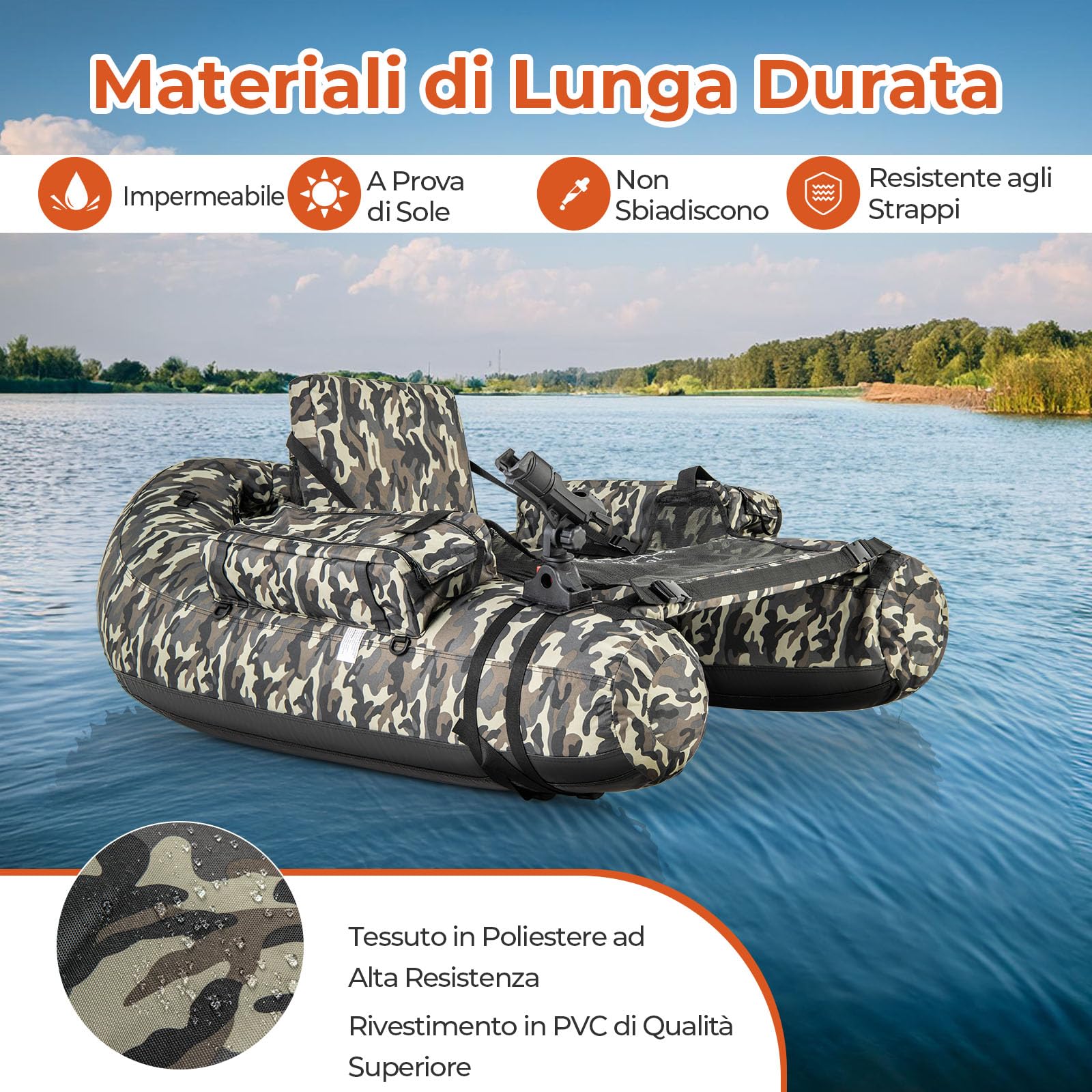 GYMAX Galleggiante da Pesca Gonfiabile, Barca da Pesca Portatile con Spallacci Regolabili, Pompa Manuale, Pagaia, Pinne, Portacanne, Misuratore di Pesce, Spazio di Archiviazione