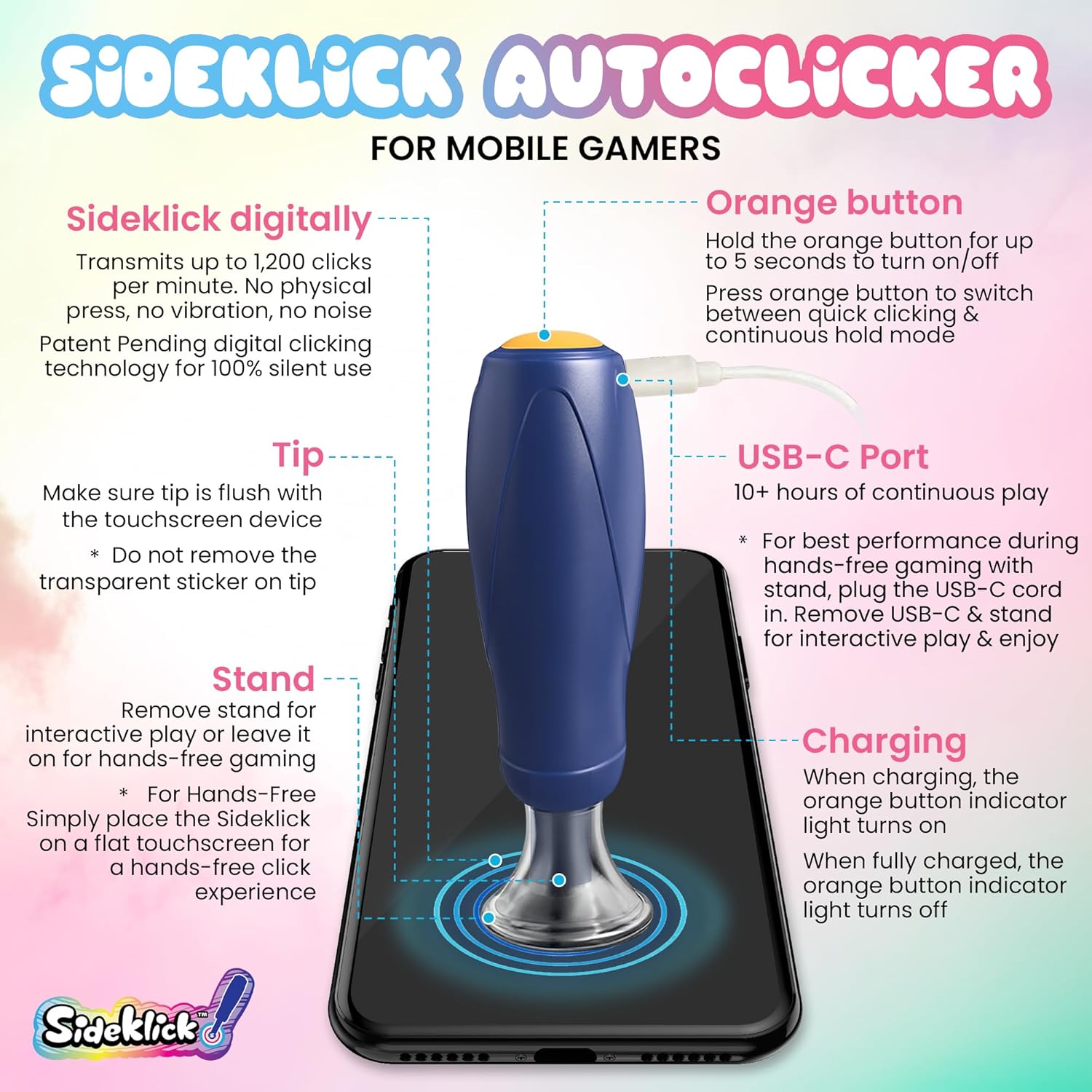 SIDEKLICK Autoclicker for Mobile Gamers on Touchscreen Devices – Turbo 1200 Clicks/Min, Dual Mode (Quick or Hold), Long Battery Life, Hands-Free Game Stand – Works with Clicker Games & More