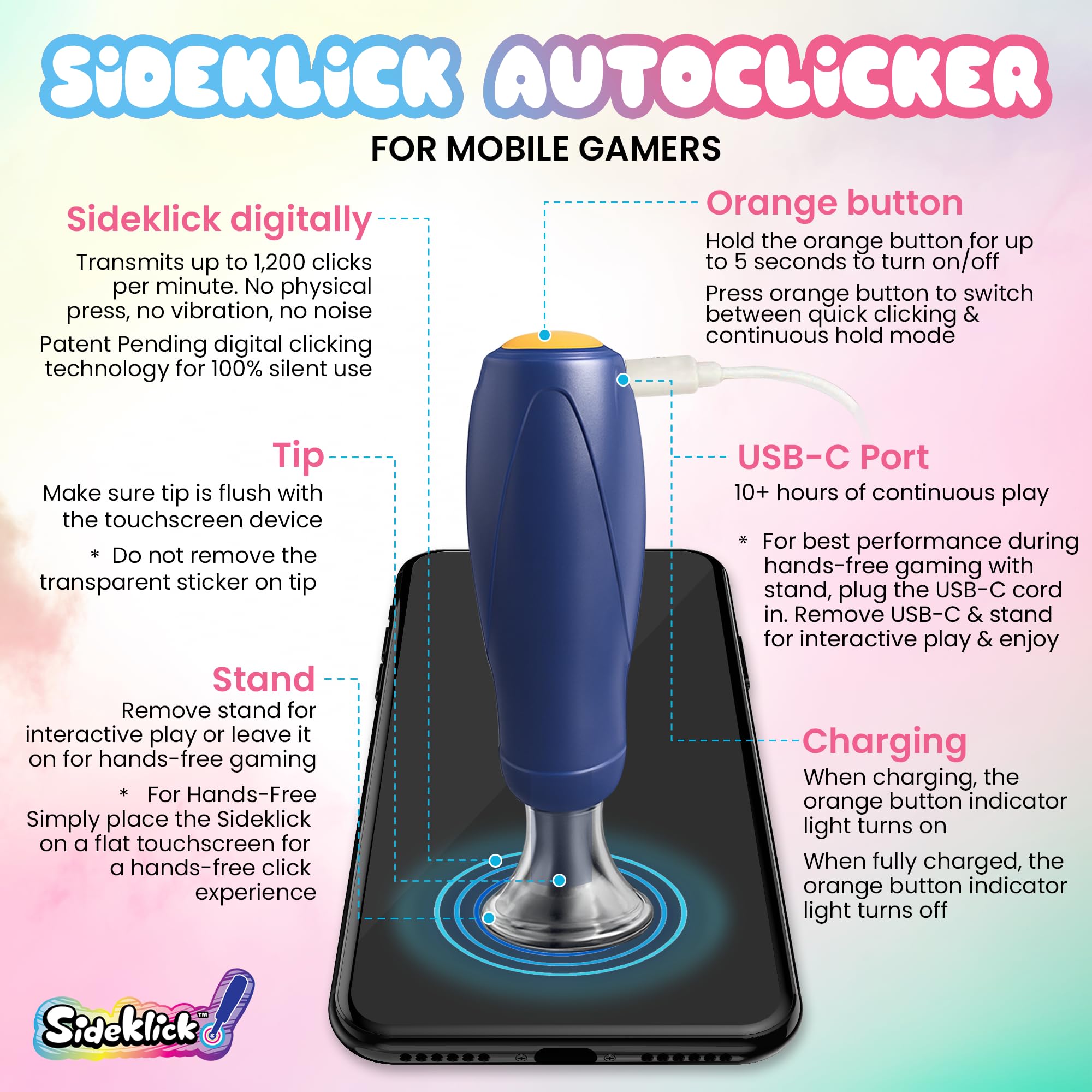 SIDEKLICK Autoclicker para jugadores – Turbo 1200 clics/min, modo dual (rápido o sostenido), batería de larga duración, soporte de juego manos libres – Funciona con juegos de clic y más