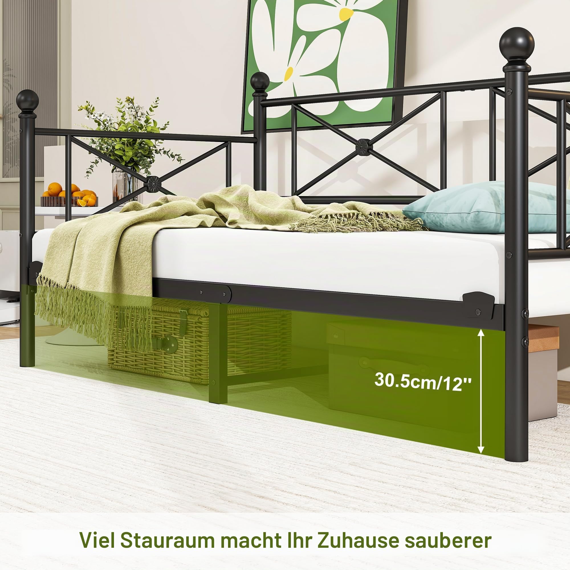 Tagesbett Metallbett 90x200 cm, Einzel Bettsofa mit Kopfteil & Lattenrost, Jugendbett Schweres Metall-Lattenrost zur Matratzenunterstützung, Tagesbett für Wohnzimmer & Schlafzimmer, Schwarz