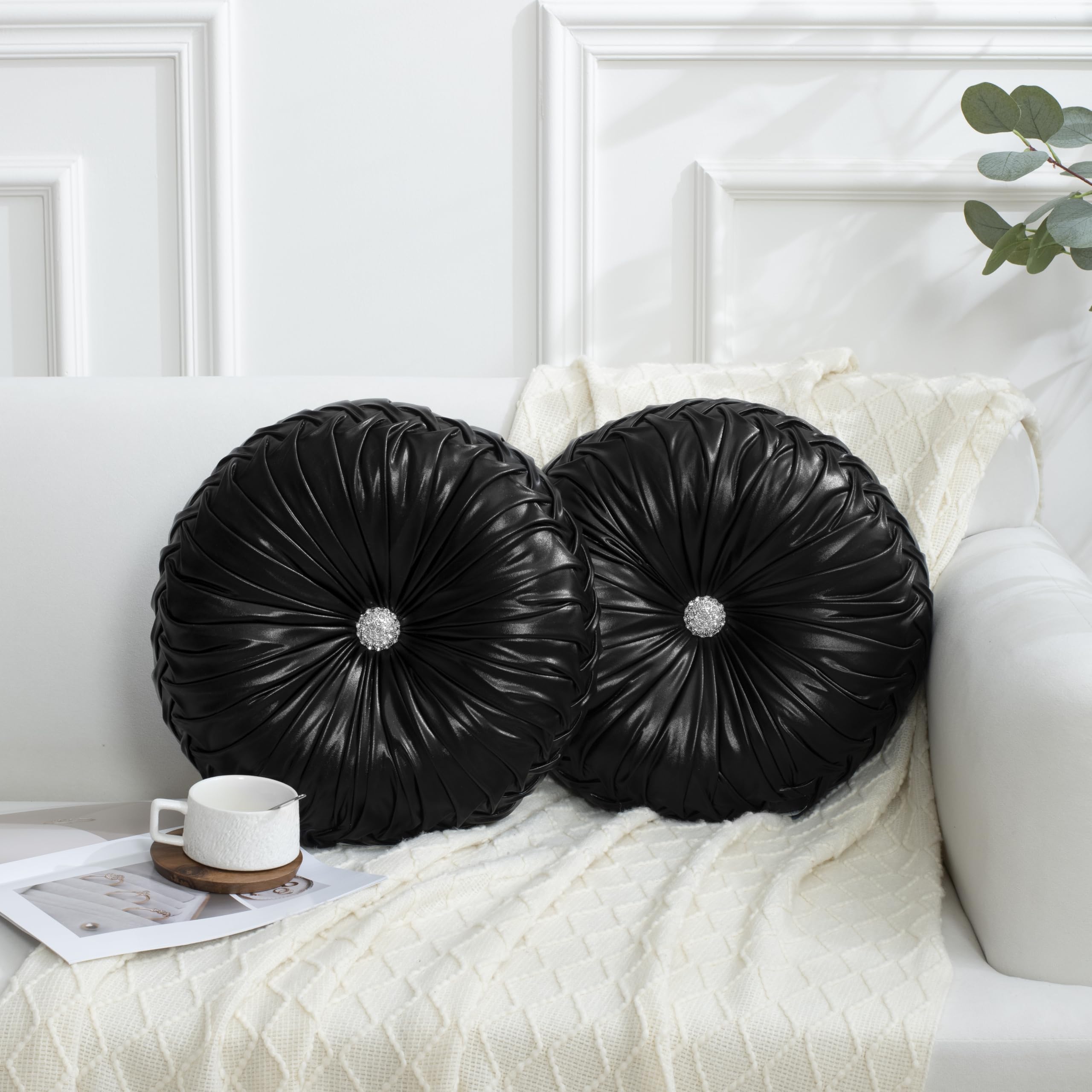 HIG Set of 2 Black Metallic Leather Decorative Round Pleated Throw Pillows