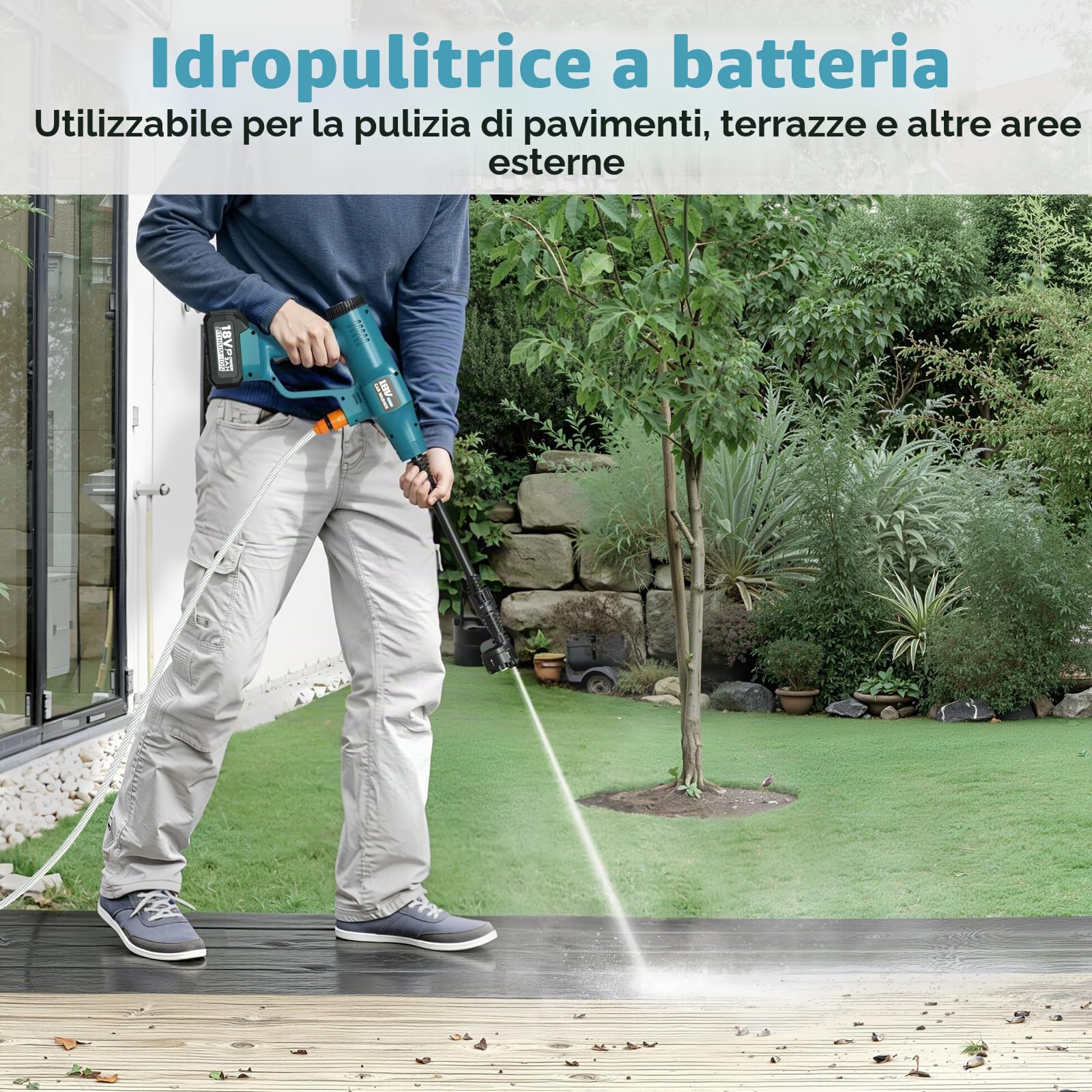 Idropulitrice per Makita-18V Batteria con Ugello 6 in 1, Tubo Flessibile da 6,5 m, Collegamento a Rubinetto e Bottiglia Diretto per Auto/Giardino/Pulizie Esterne (Senza Batteria)