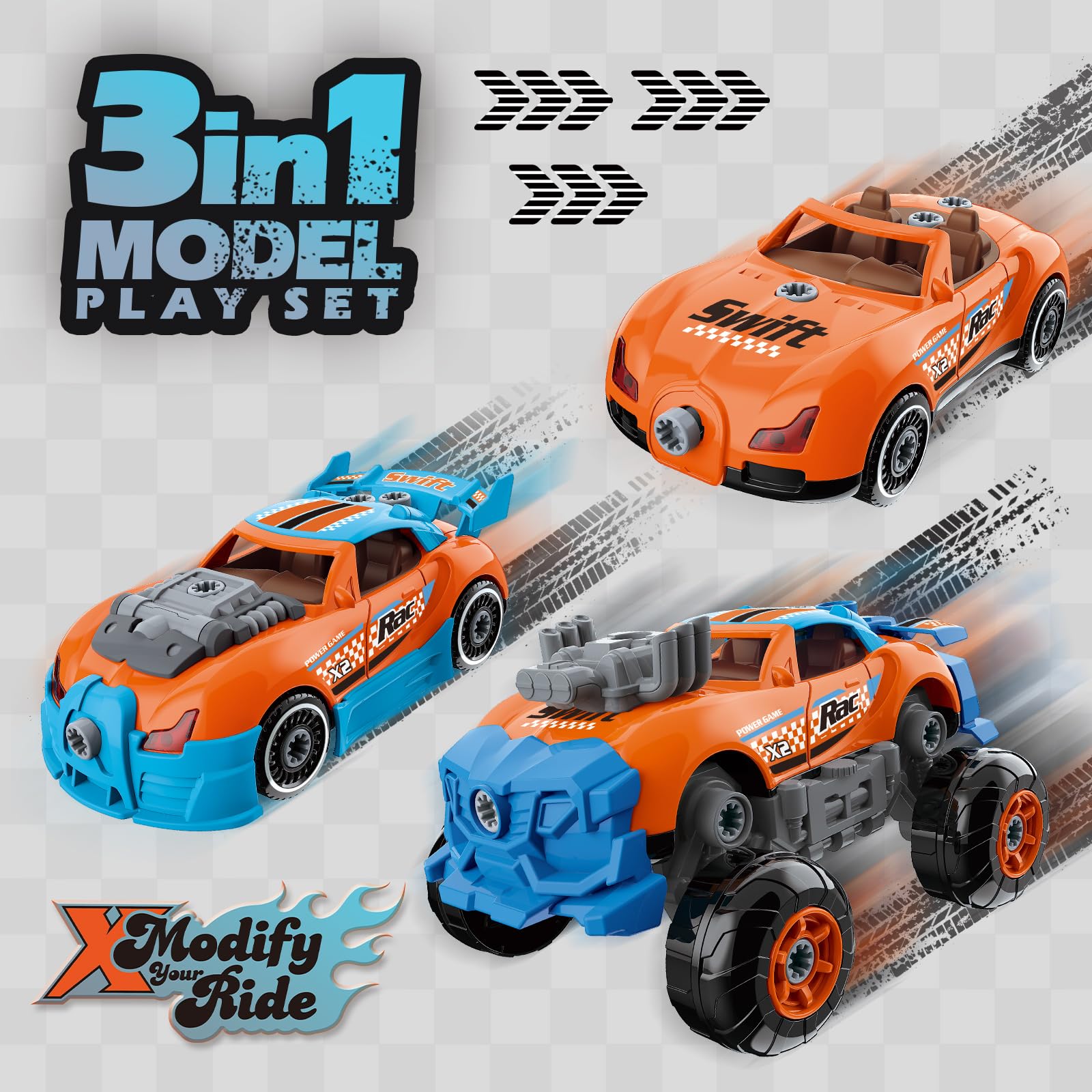 Pup Go Auto 3-in-1 Smontabile per Ragazzi di 3 4 5 6 7 8 Anni, 43 Pezzi con Trapano Elettrico, Giocattolo Camion da Costruzione, Costruisci la Tua Auto, Regalo Giochi Ideale per Bambini (Arancione)