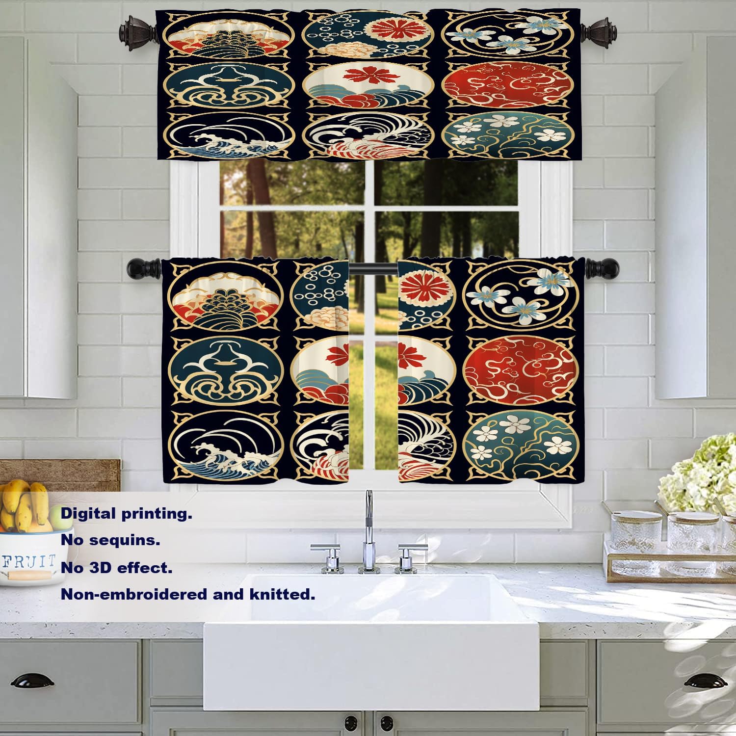 Batmerry Circles with Tier Curtains, Japanese Art with Floral Wave Motifs Window Treatment Short Kitchen Curtain Multilayer Polyester Blackout for Living Room/Bathroom, 2 Pack 26x24 inches