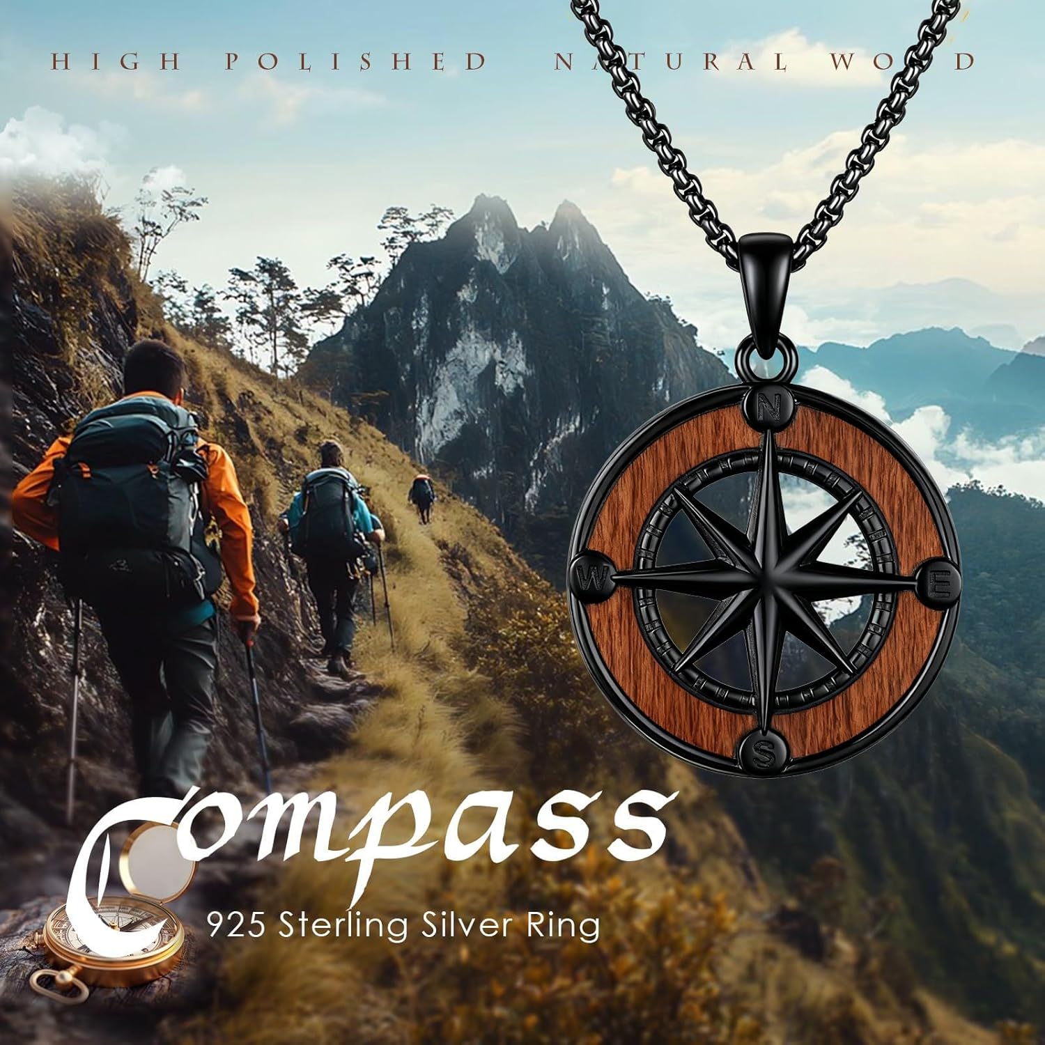 Compass Necklace for Men and Women, 925 Sterling Silver, Gold Compass Wooden Pendant with Ebony, Wooden Jewerly Gift for Men and Women - Image 5