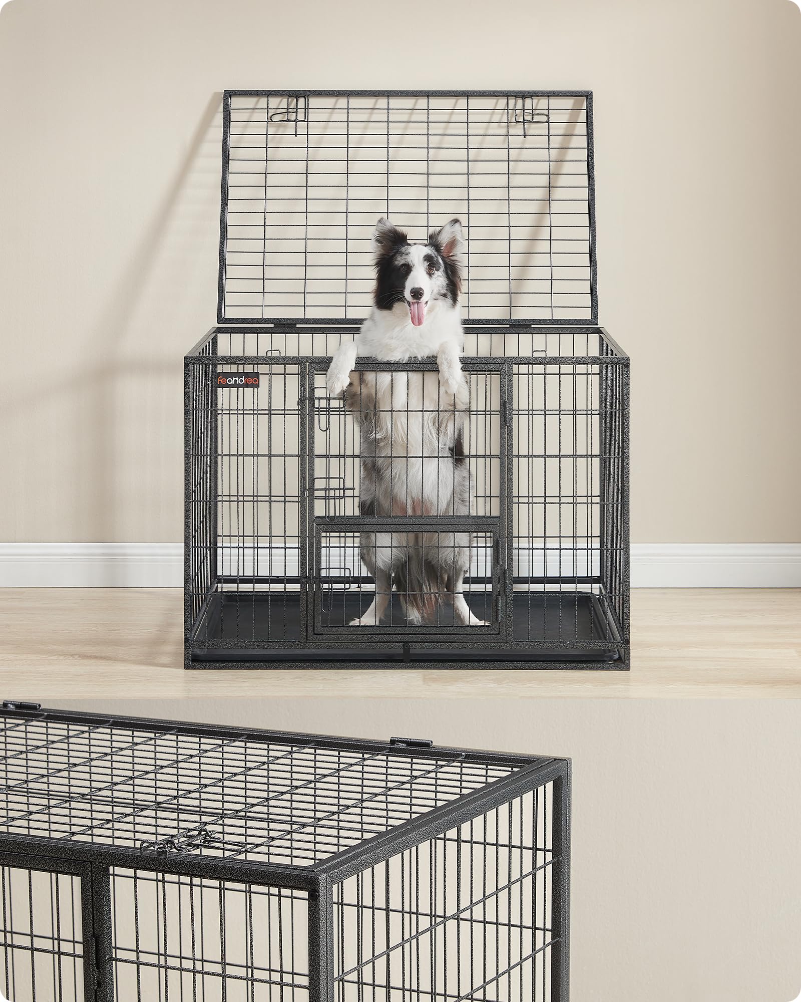 Feandrea Jaula Pesada para Perros, Jaula de Mascotas, 107 x 70 x 75 cm, para Perros Medios y Grandes, Antiescape, Doble Puerta Extraíble, Parque, XL, Gris PPD001G01