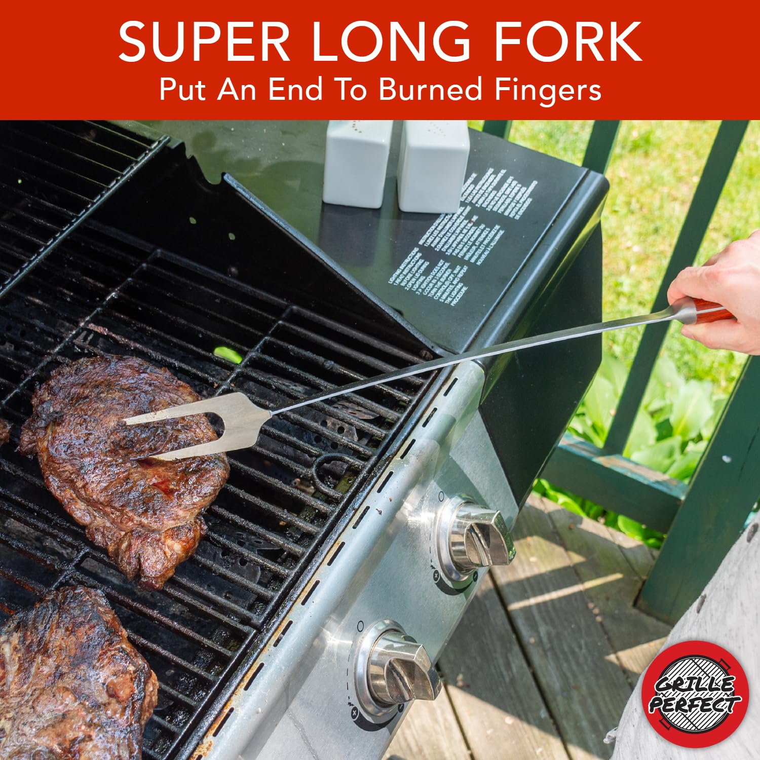 Tenedor de parrilla de 24 pulgadas súper largo para asar, parrilla y hoguera, cuello curvado extrafuerte, mango de madera dura, dientes grandes de acero inoxidable para barbacoa, cocina al aire libre
