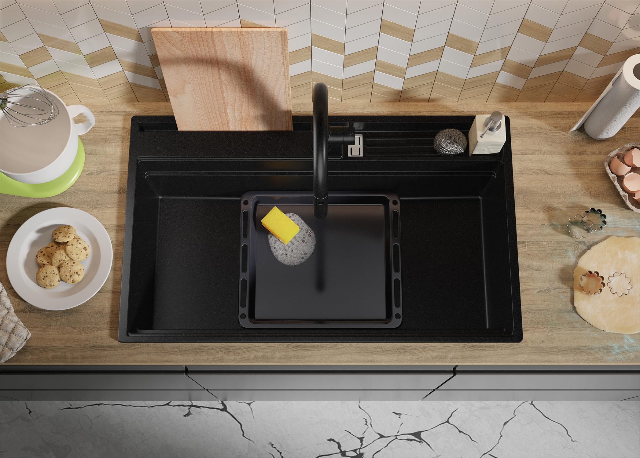 PRIMAGRAN Lavello da Cucina Nero 88x53cm, Lavandino in Granito a 1 vasca + Sifone Classico, Lavabo da Cucina Incasso al Mobile 90cm - Oslo 90 Pocket S455