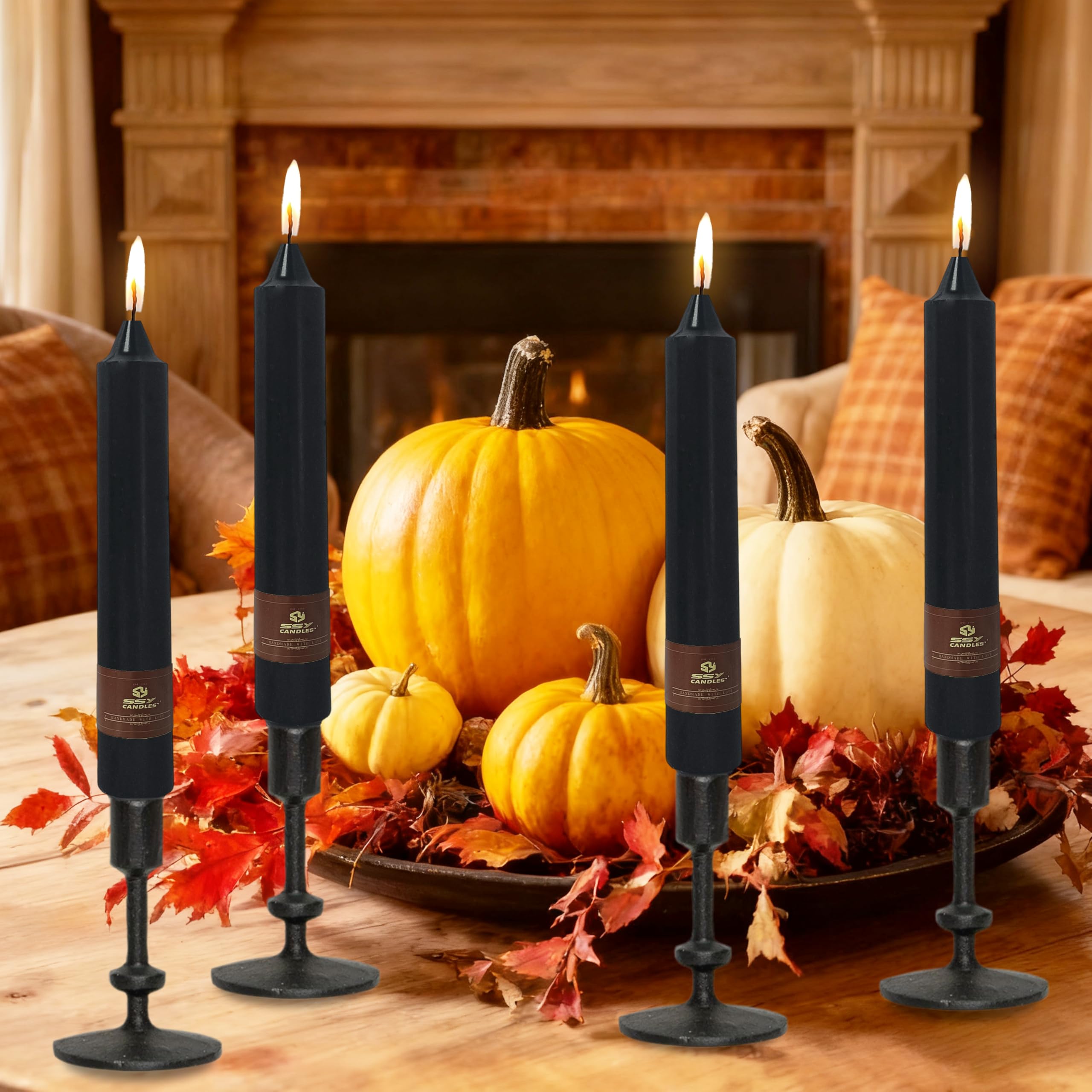 Confezione da 4 candele coniche nere per Halloween, versate a mano, 22,9 cm, non profumate, lunghe candele affusolate per decorazioni spettrali, case infestate e matrimoni gotici, combustione pulita