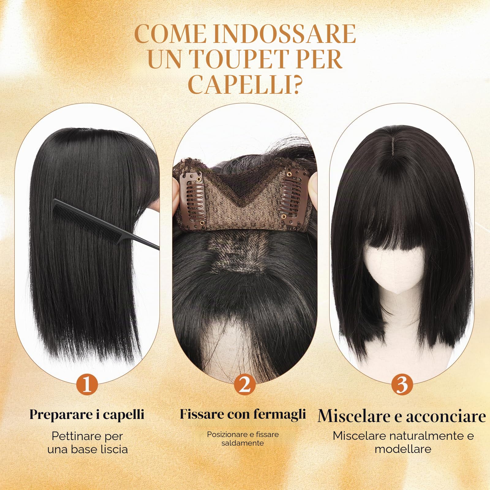 Sofeiyan Haar Toppers per le donne, 30 cm clip-on capelli con frangia, 62 g Toppers capelli sintetici Adatto per le persone calve,Nero Naturale