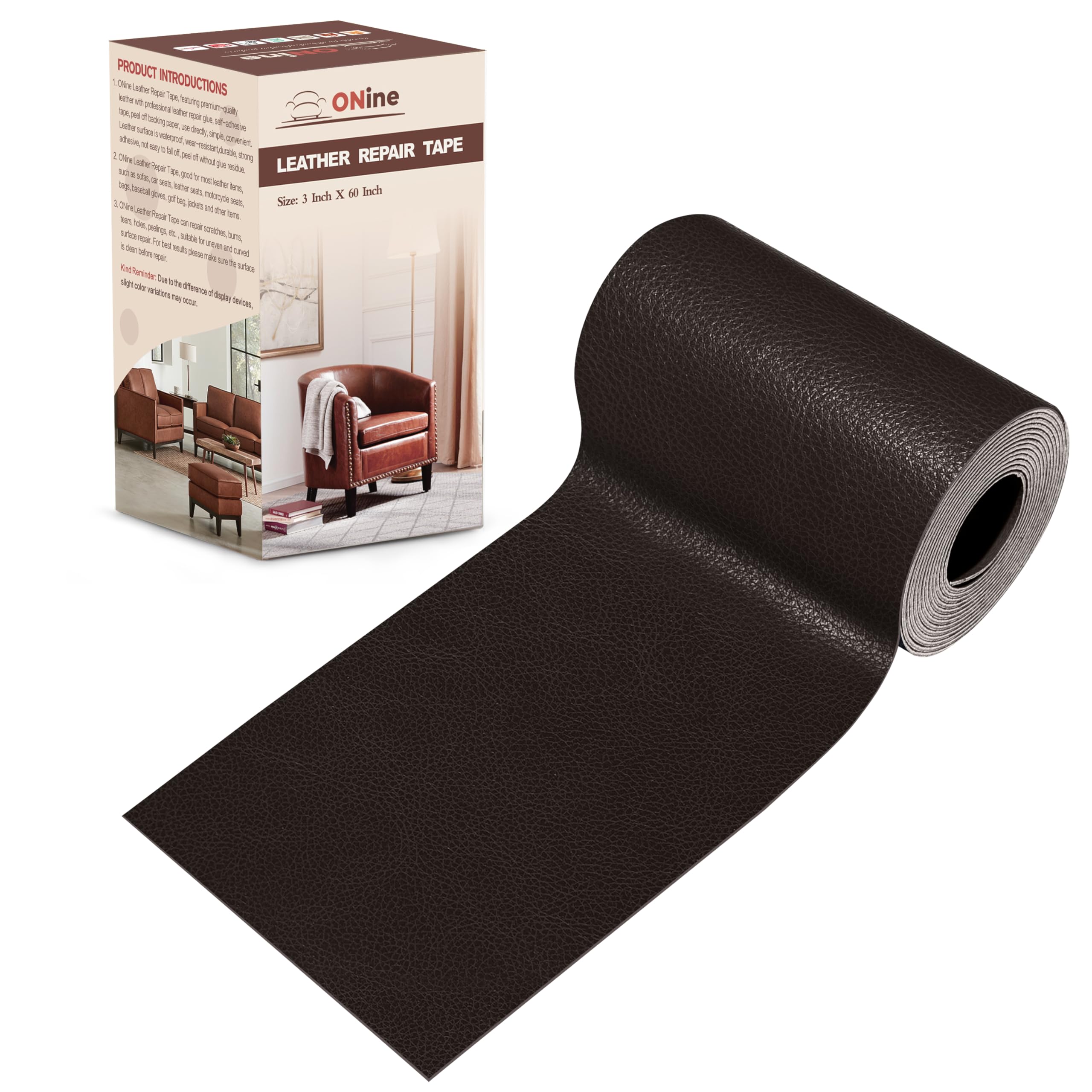 ONine Leather Repair Patch，Leather Repair Tape, 3 x 60 inches Leather Repair Patch for Furniture,Vinyl Repair kit，Leather Couch Patch，for Sofas,Furniture,car Seats,Chairs(Black Brown)
