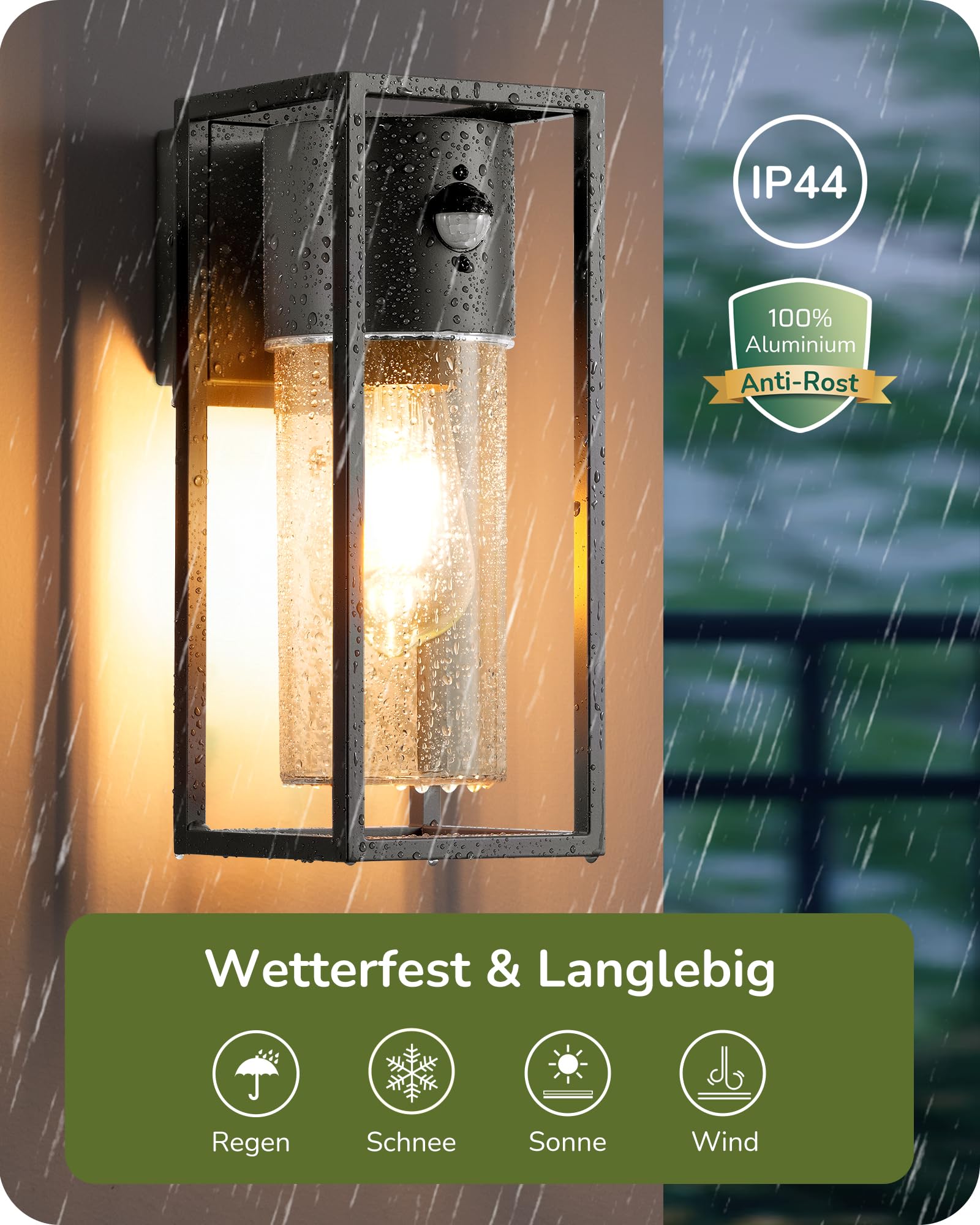 EDISHINE Zewnętrzna lampa ścienna z czujnikiem ruchu, gniazdo E27, wodoodporna IP44, lampa ścienna z aluminium i szkła hartowanego do ogrodu, balkonu, tarasu, frontu, żarówki nie są dołączone, czarna