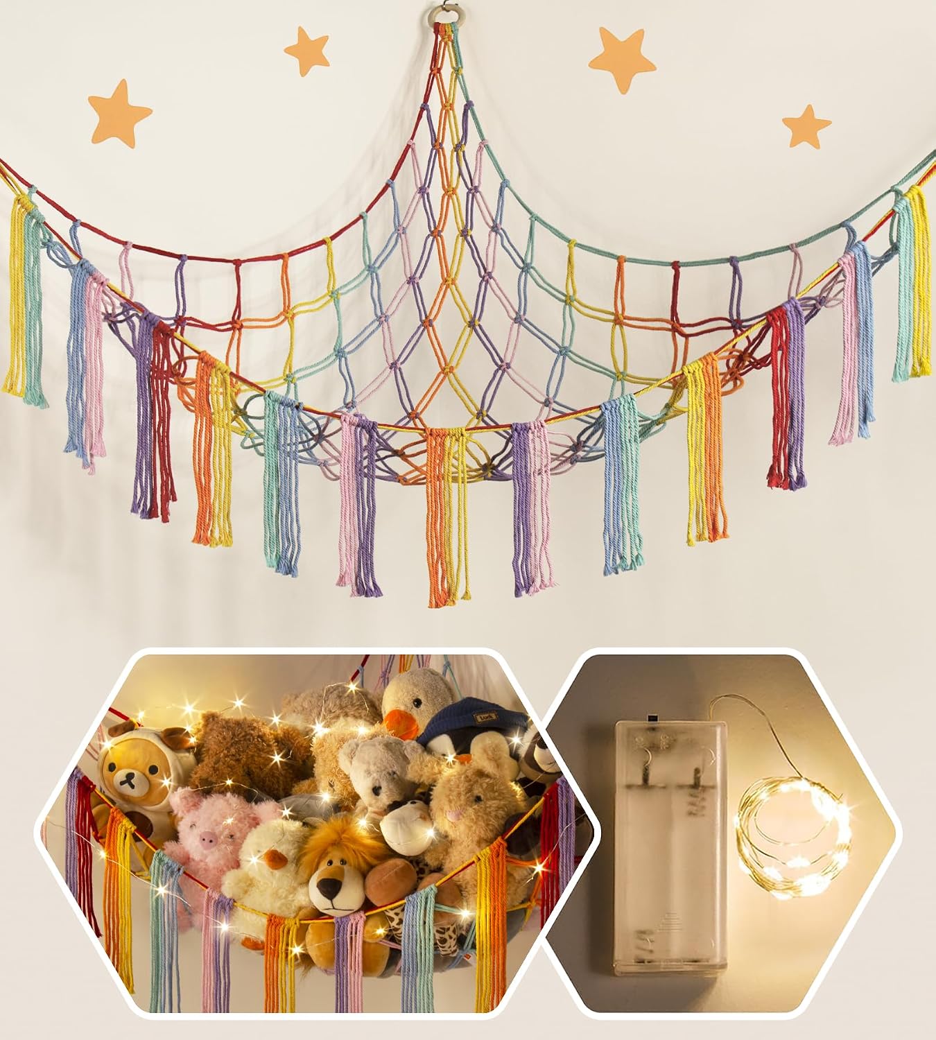 Stuffed Animal Storage Hammock Corner X-Large with LED Light - Baby Hammock Hanging Holder Plushies Net for Stuff Animals Organizer - Cute Room Decor Aesthetic Kids Toddler Nursery Bedroom Boho