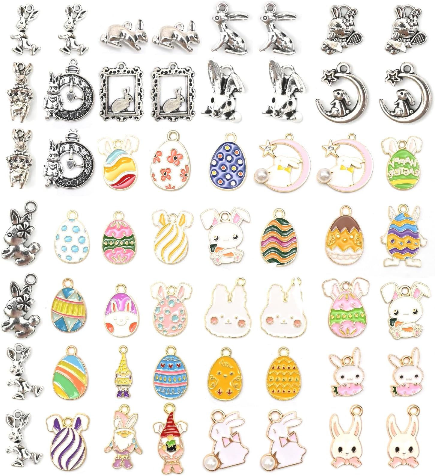 56Pcs DIY Keychain Earrings, Alloy Enamel Easter Egg Series Cute Rabbit Pendant Jewelry Making, Various Design Charms for Jewelry Making Bracelets Necklace