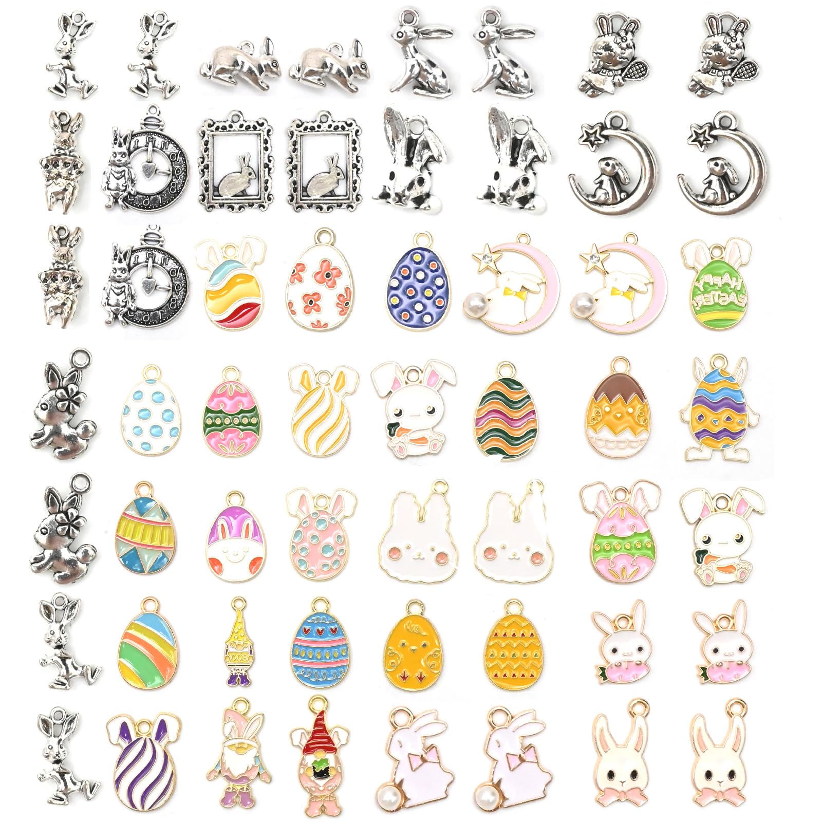 56Pcs DIY Keychain Earrings, Alloy Enamel Easter Egg Series Cute Rabbit Pendant Jewelry Making, Various Design Charms for Jewelry Making Bracelets Necklace