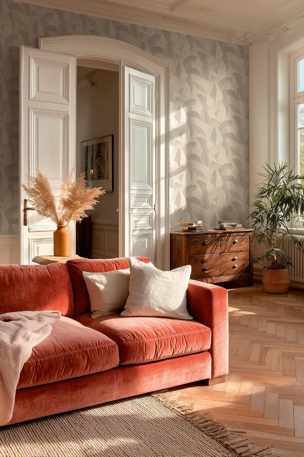 A.S. Création Vibes & Styles Isabelle Golden Canopy Non-Woven Wallpaper - Floral Palm Leaves in Gold, Textured with Shine, Floral Wallpaper, Palm Leaves, 10.05 m x 0.53 m, Cream/White - 790395