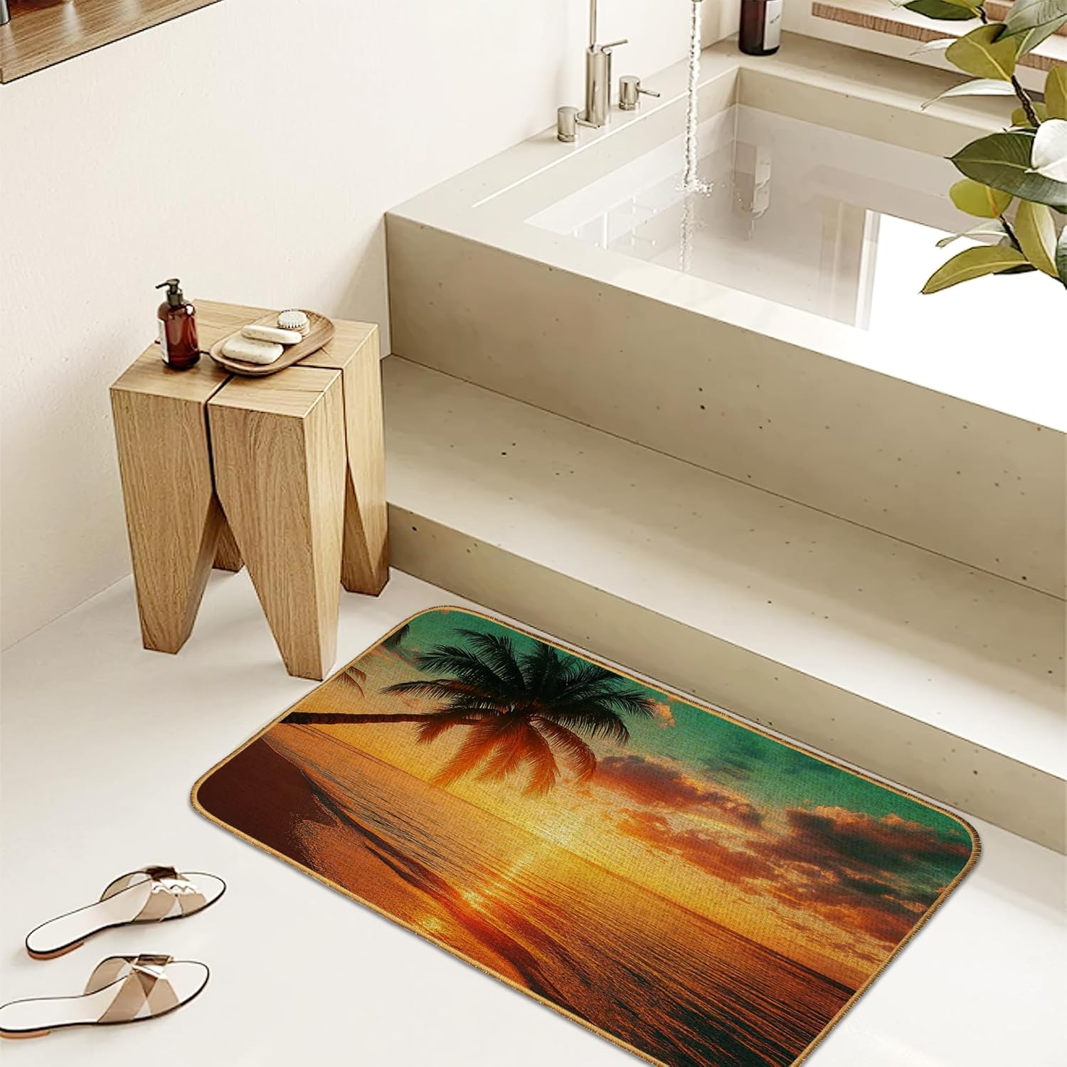 Beach Palm Tree Indoor Outdoor Door Mat,Tropical Sunset Front Floor Mat Non-Slip Absorbent Low-Profile Washable Inside Entrance,Linen Sturdy Soft Entry Doormat for Entryway