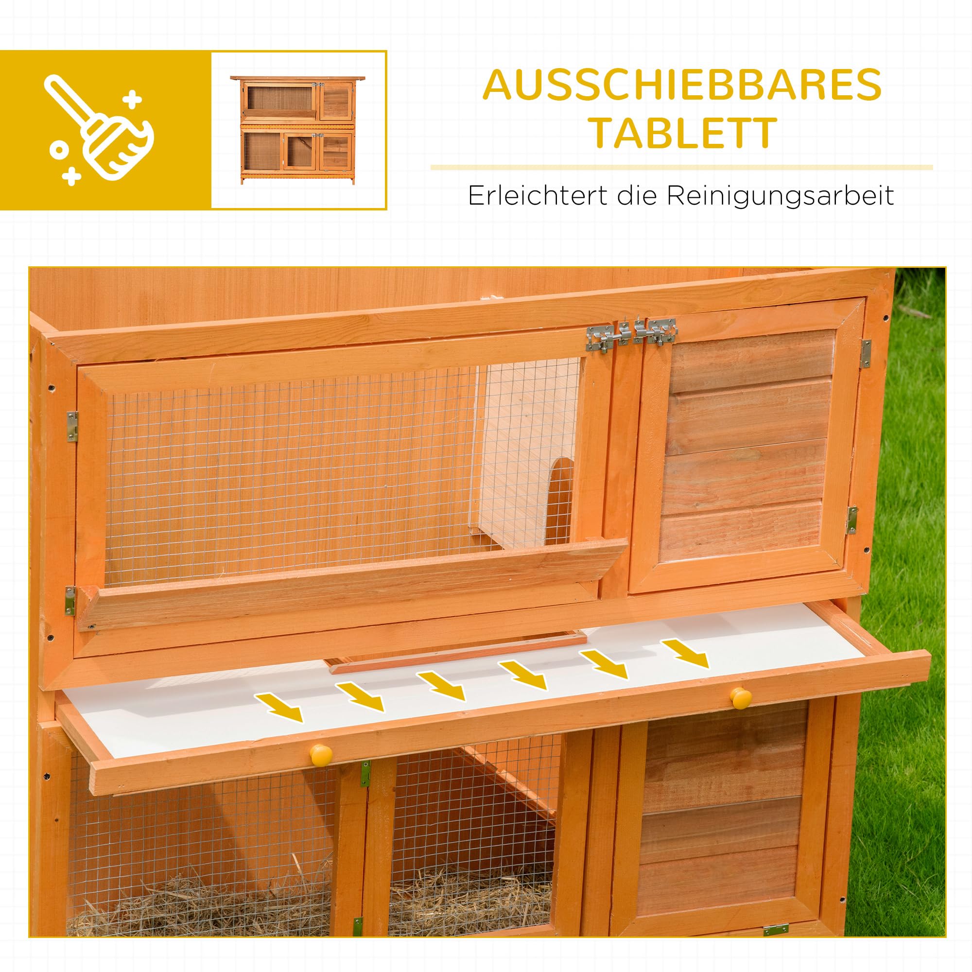 PawHut Kleintierstall mit Asphaltdach Doppelstock Gelb 120 x 48 x 100 cm | Kleintierkäfig, Kleintierhaus, Meerschweinchenstall, Nagerkäfig, Winterfest, Tannenholz