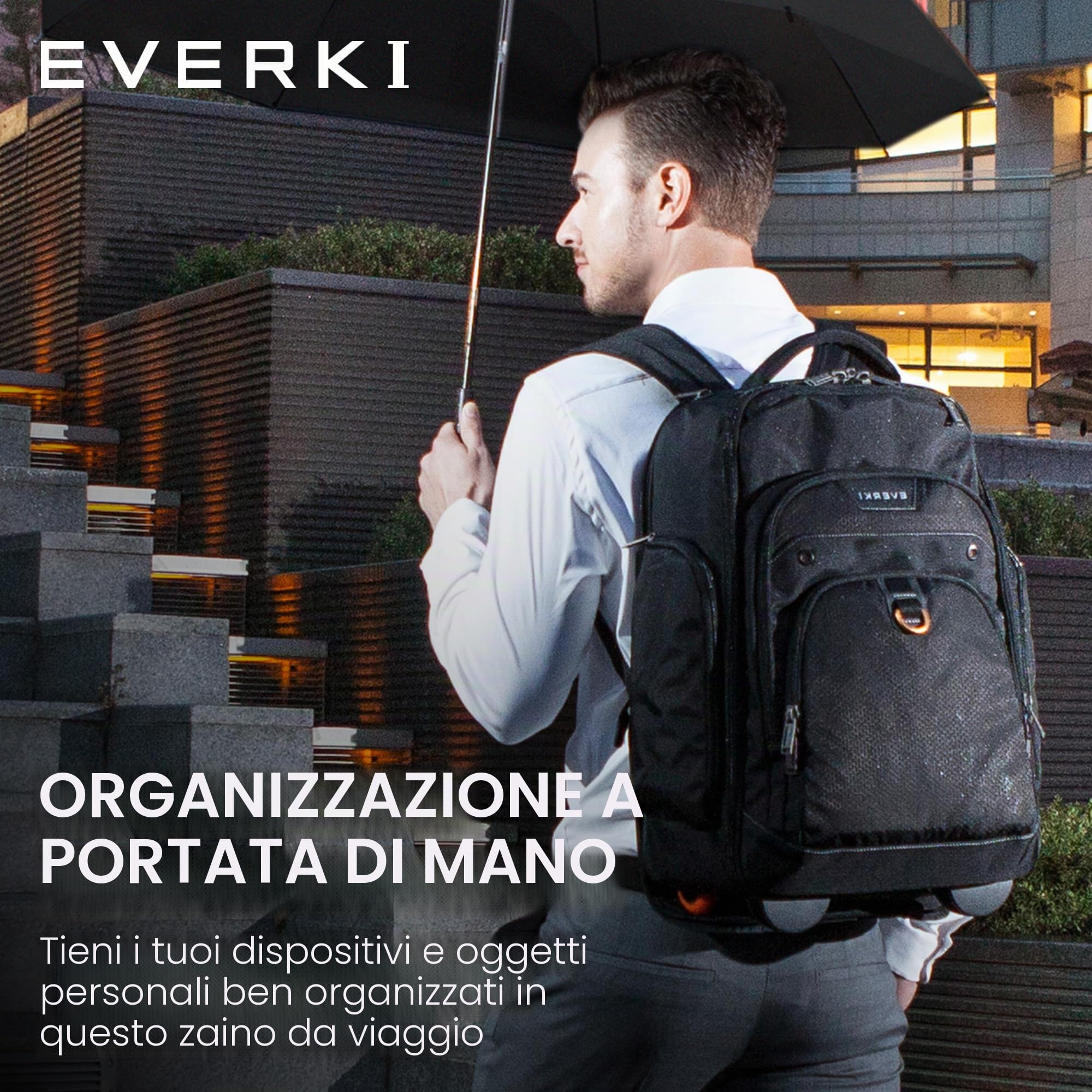 Everki Atlas Wheeled Zaino Trolley 30 L per Laptop – Bagaglio a Mano per Donna e Uomo – Scomparto Regolabile per 13"–17,3" – Nero (EKP122)