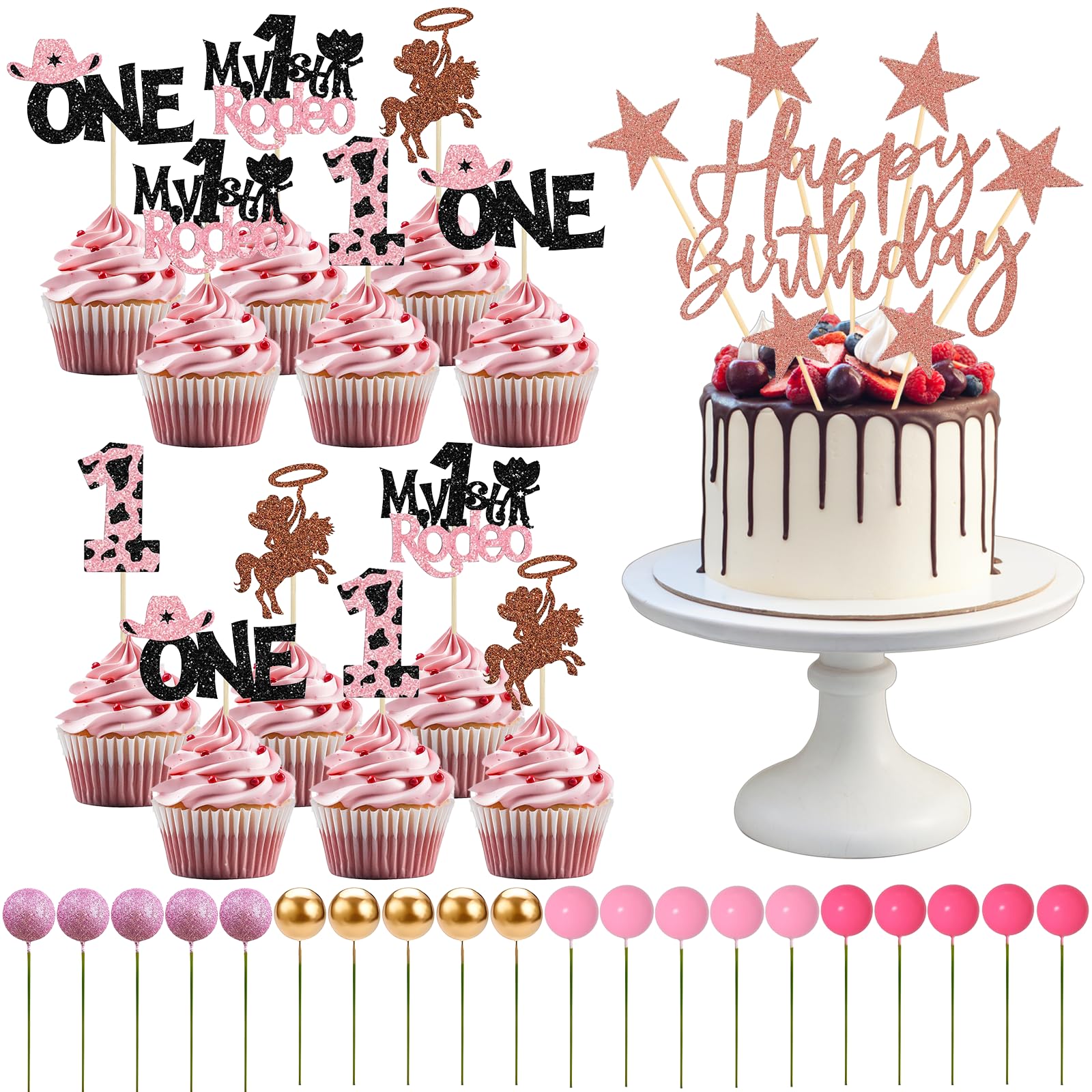 33Pcs Cupcake Toppers, Cake Decorations, Happy Birthday Cupcake Toppers, Pink Cake Decorations, Glitter Ball Cake Picks, Birthday Decor, Food-Safe Topper Sticks for Wedding Anniversary Baby Shower