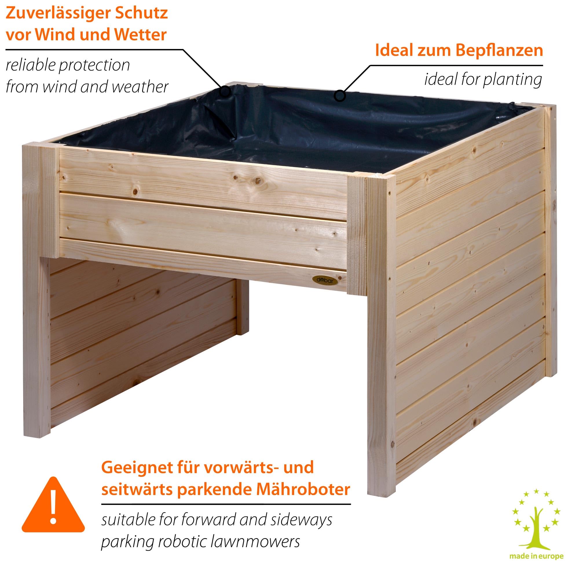 dobar® Garaje Grande para Robot cortacésped de Madera con Jardinera, Incluye lámina – cortacésped Garaje – 79 x 73 x 56 cm – Natural