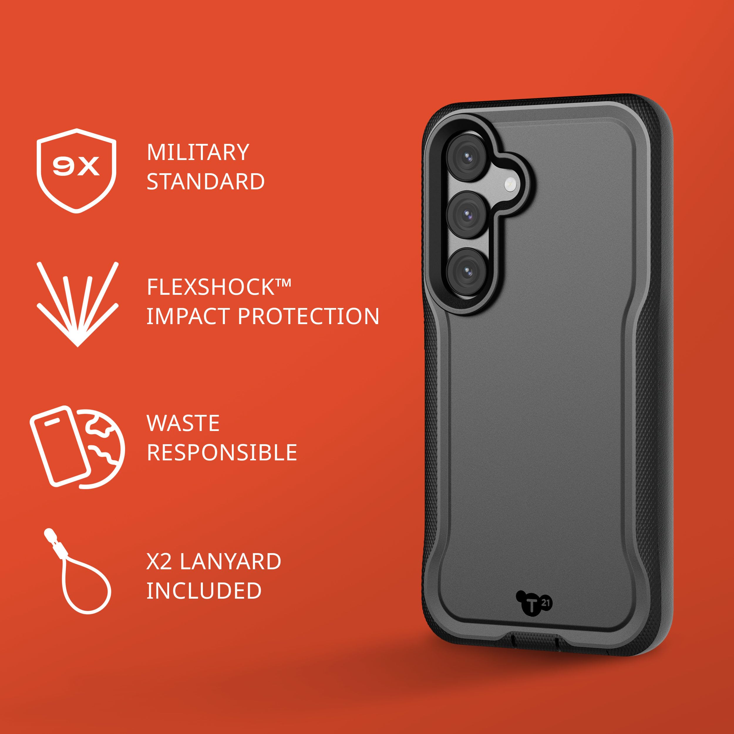 tech21 Evo Pro Schutzhülle für Samsung S24 (20 Fuß), militärischer sturzsicherer Schutz, Hülle für Galaxy S24 mit verbessertem Kameraschutz, 2 Schlüsselbänder für Haltbarkeit und Sicherheit, Schwarz