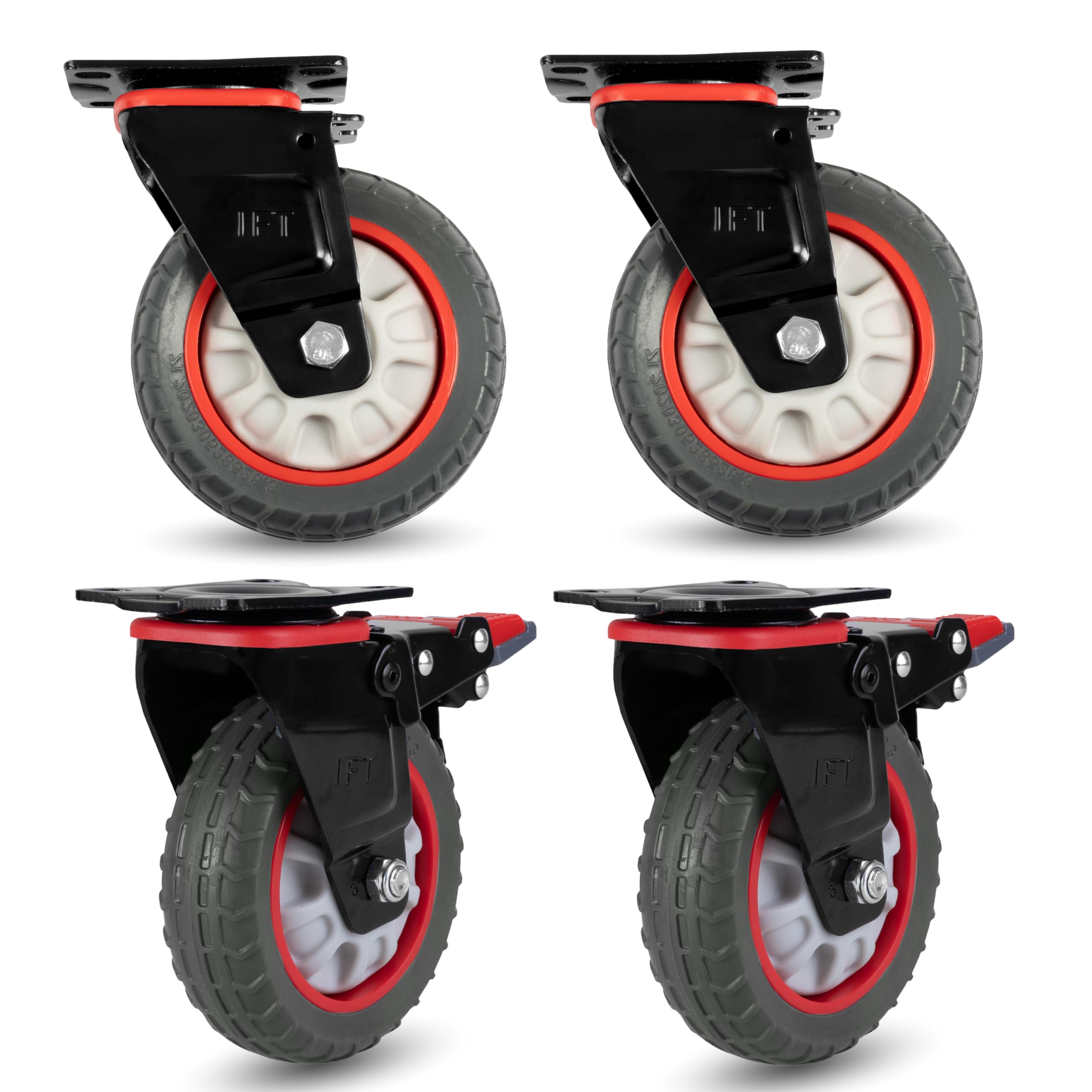 Iron Forge Tools Heavy Duty Swivel Knobby Casters Set of 4, 6" Height, 5" Diameter, Solid PU Knobby Tread Heavy Duty Wheels, Swiveling Bases, Two