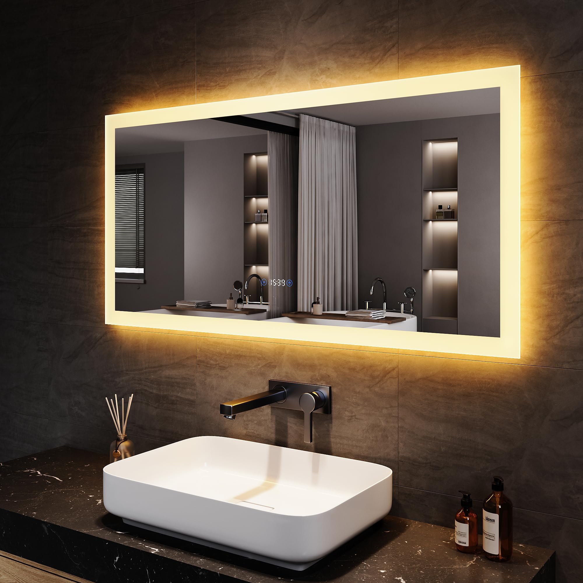 SONNI Espejo Baño con Luz Regulable 120x60 cm Espejo Baño LED Antivaho Pared,con Reloj/Indicador de Temperatura e Interruptor Táctil
