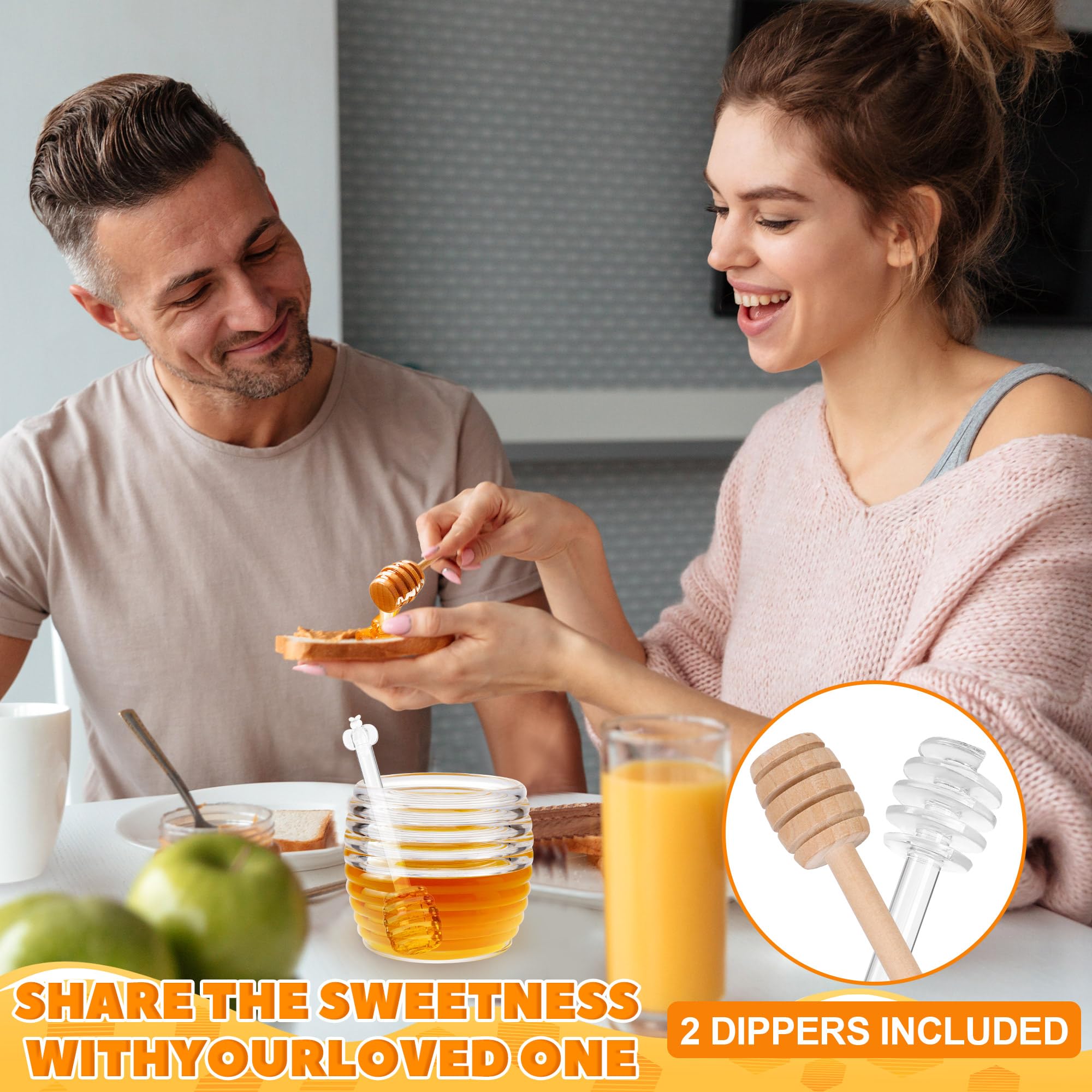 Loscarol Honey Jar with Dipper and Lid, 8 oz Glass Honey Pot Dispenser with 2 Dippers Sticks Set, Honey Containers for Kitchen, Home, Syrup Storage