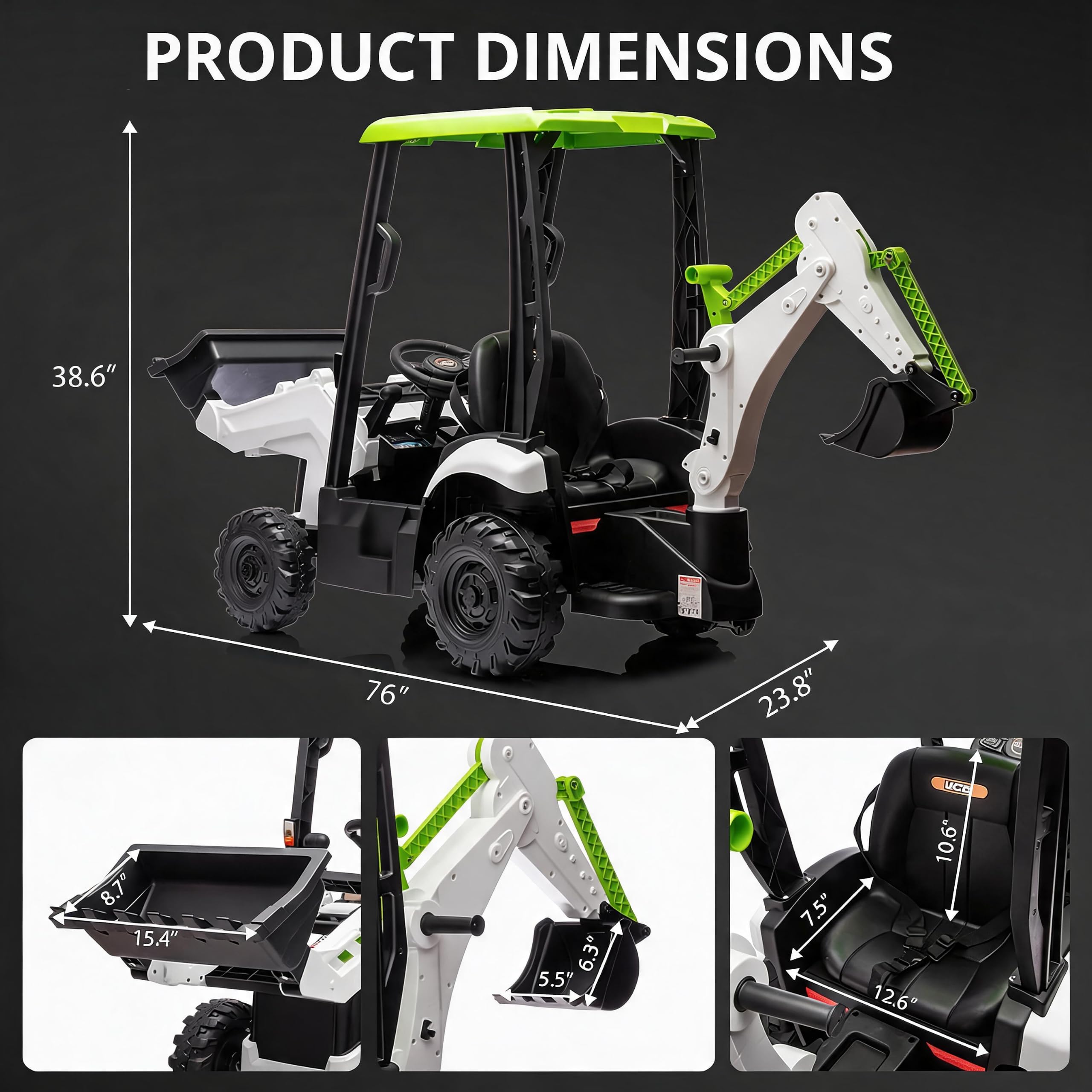 Garvee Kinder Elektrobagger 12V mit Frontlader, Bulldozer & abnehmbarem Zelt, Aufsitzbagger mit Fernbedienung, Hupe, 2-4 km/h, Elektro Baufahrzeuge, Elektrotraktor für Kinder ab 3 Jahren, Weiß