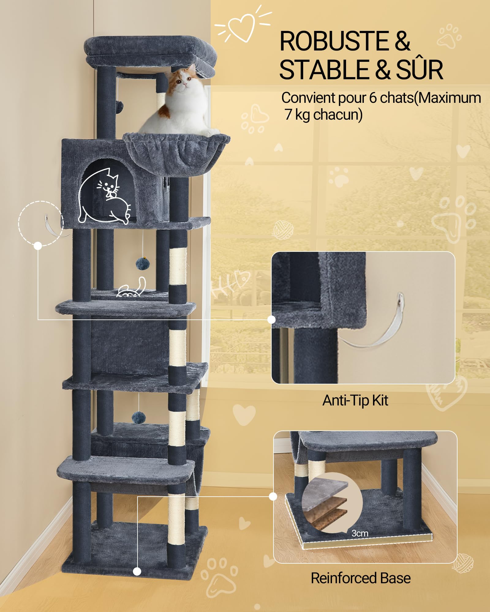 Hzuaneri Albero per Gatti, tiragraffi per gatti adulti 210 cm, xxl, giochi per gatti, Lavabile, trespolo per gattis con 2 Grotte, 8 Tiragraffi, Cestini, Amaca, Pompon, Grigio Scuro MS21018SG