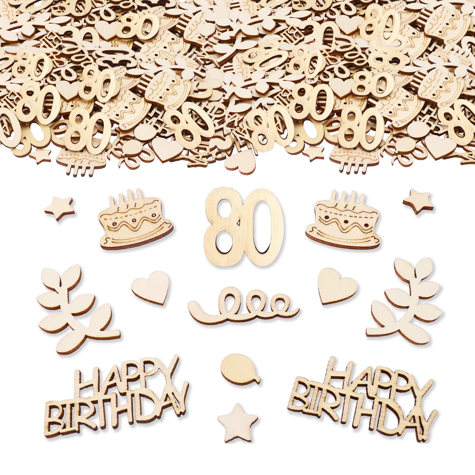 Bolosa 100pcs Wooden 80th Birthday Confetti, Age 80 Happy Birthday Cutouts with Rustic Shapes, Table Scatters for Cake Table, Memory Table, Gift Wrapping & Card Making for Mum, Dad, Grandma & Grandad