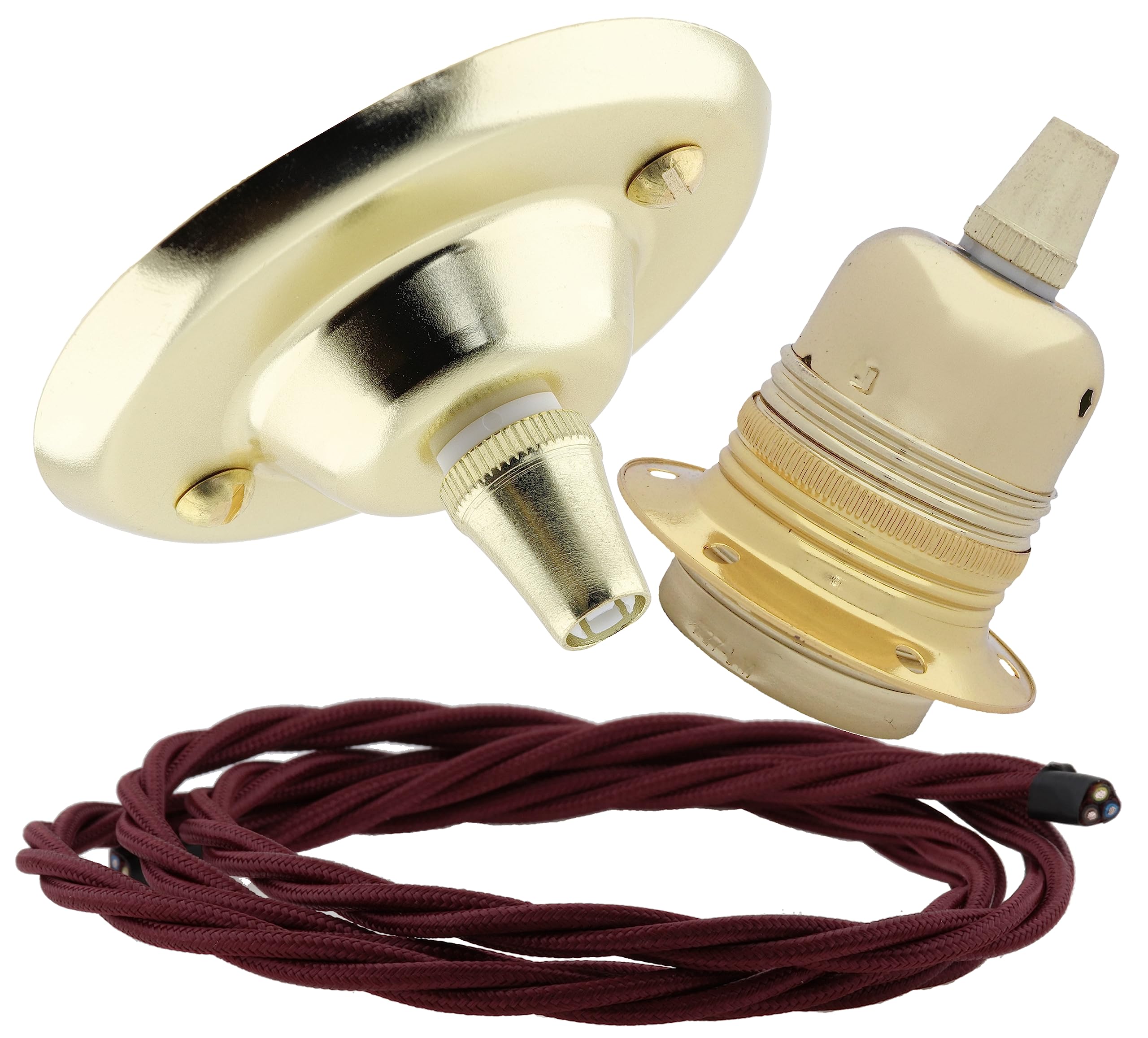 Repaireum Ltd. Vintage Styled Ceiling Pendant Kit incl. Polished Brass Effect Rose, E27 Bulb Holder and 3 Core Rich Burgundy Braided Twisted Flex