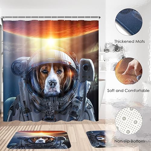 Miniatura 4 de Juego de 4 cortinas de ducha, diseño de animales astronautas espaciales, divertidos, impermeables, con alfombras antideslizantes, tapa de inodoro y