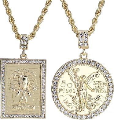 Hip Hop 14k Gold Plated Cz Centenario & Malverde Pendant 20, 24" Rope Chain Link Bling Necklace