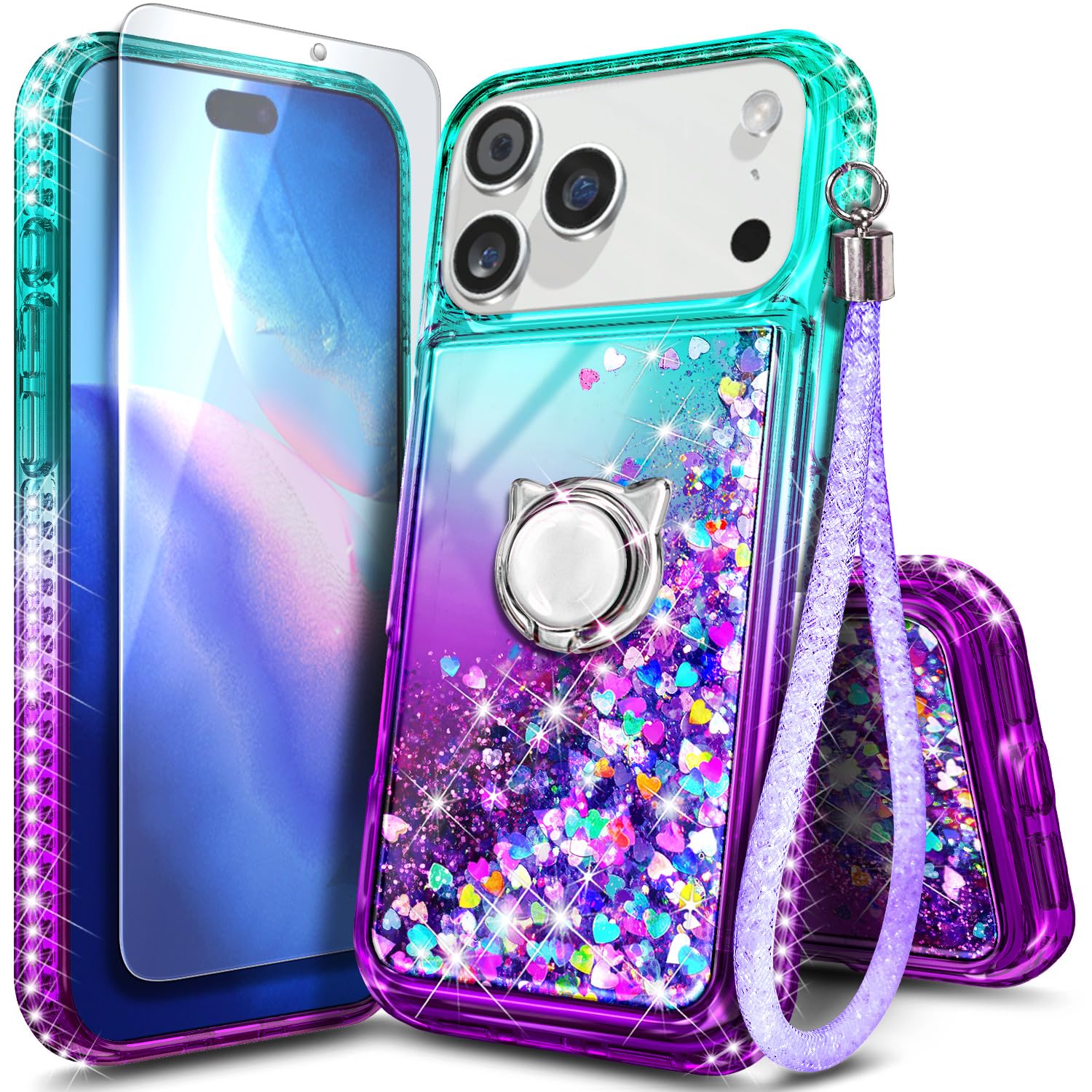 NGB Designed for iPhone 18 Pro Case, Cute Liquid Glitter, Aqua/Purple