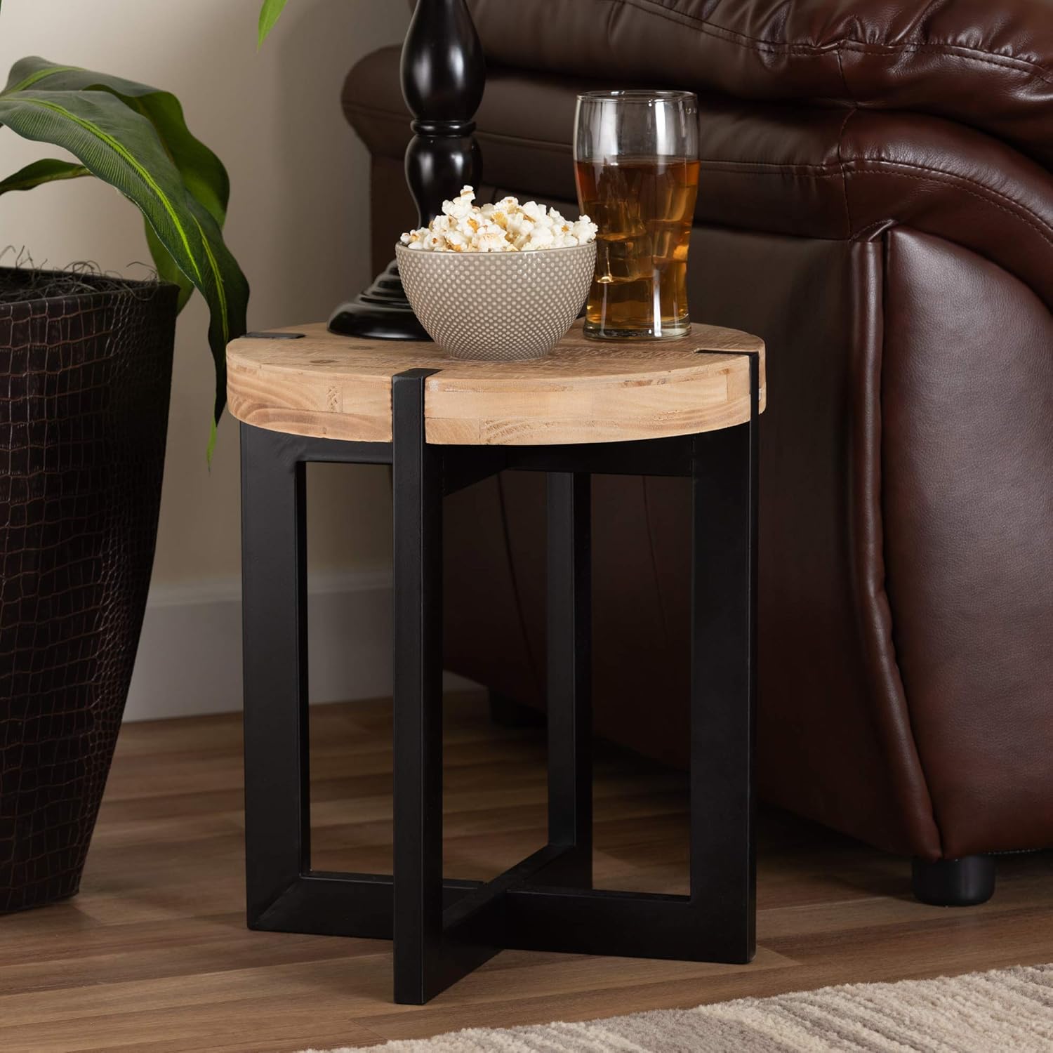 Baxton Studio Horace Rustic and Industrial Natural Brown Finished Wood and Black Finished Metal End Table