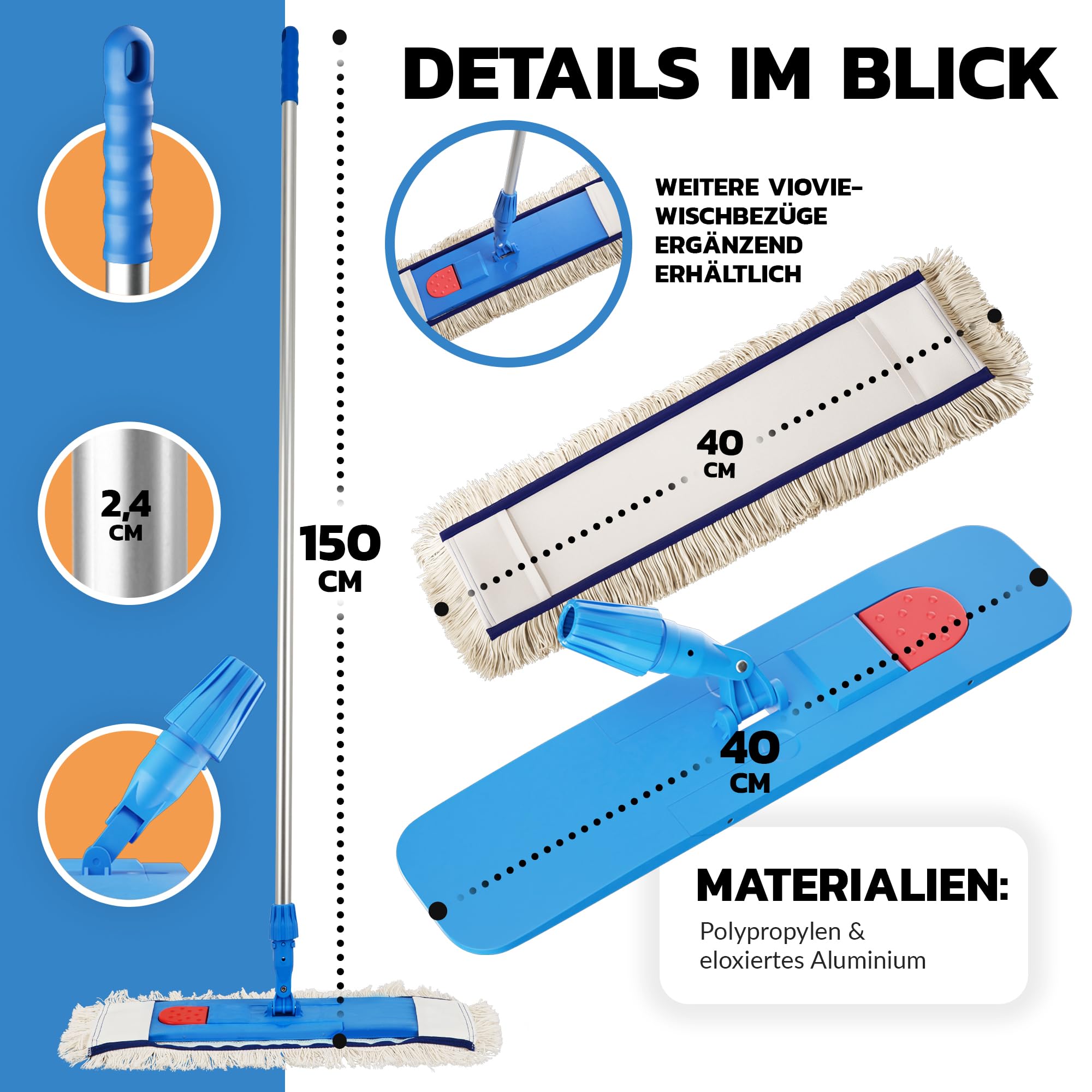 Set de serpillère VIOVIE Classic avec Manche en aluminium de 140 cm, tête de serpillière en Coton de 40 cm, système de Maintien magnétique pour Un Changement de serpillère Facile, Nettoyage et essuya