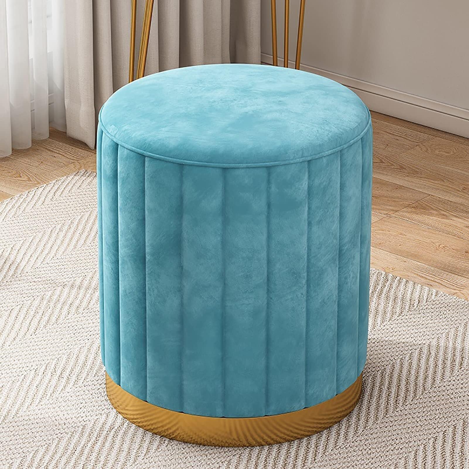 Repose-pieds rond bleu en tissu rembourré pour salon et chambre
