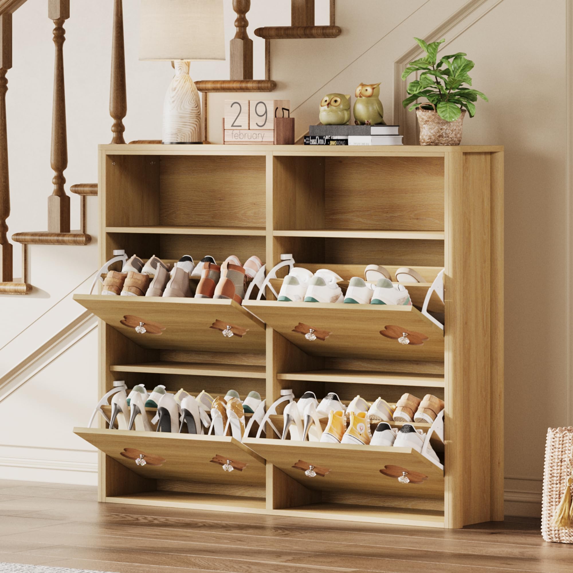 GarveeHome Shoe Cabinet with 4 Flip Drawers &amp; Adjustable Shelves, Natural