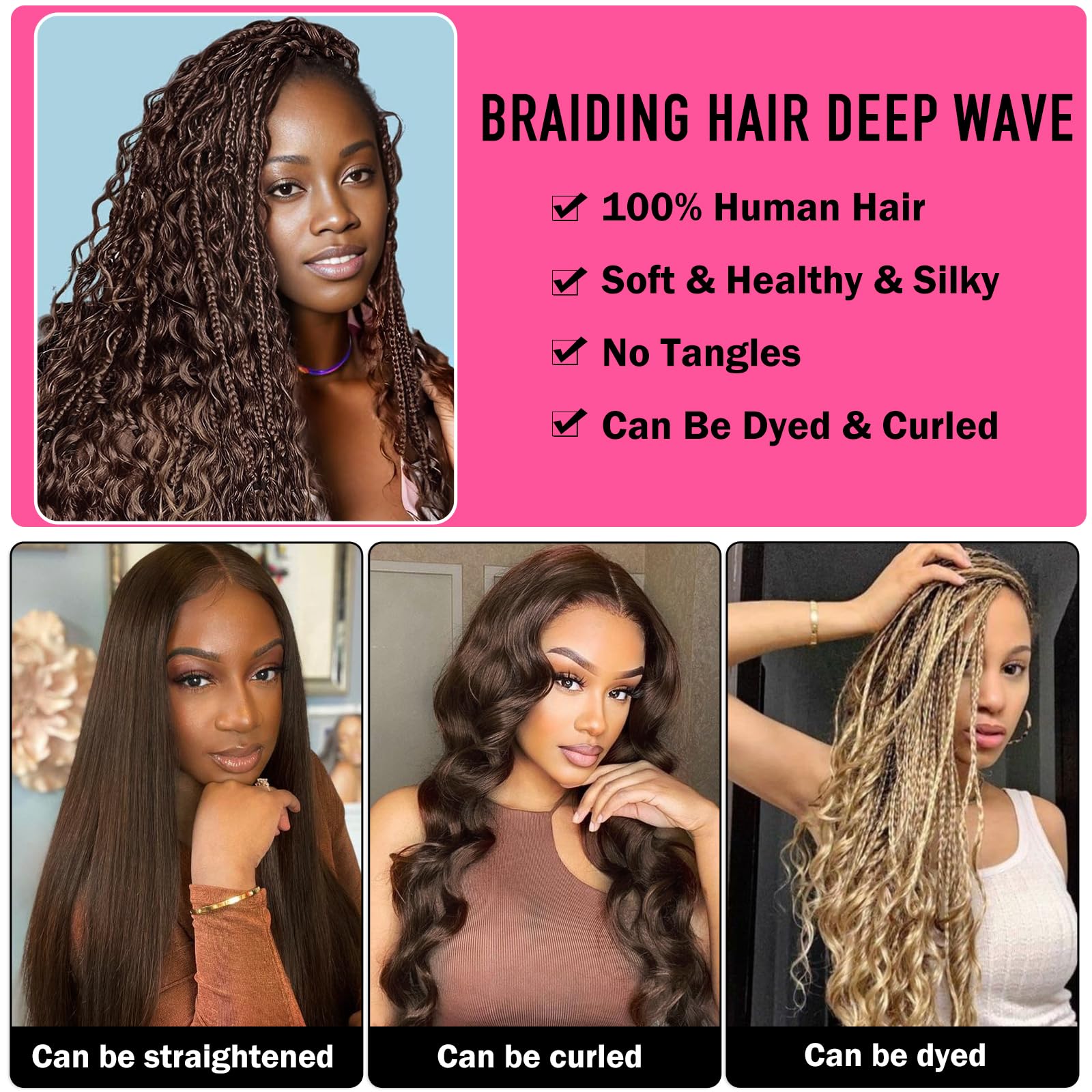 Deep Wave Bulk Human Hair Braiding Hair 22inch Brazilian Unprocessed Virgin Human Hair for Women #4 100g/Pack - Image 2