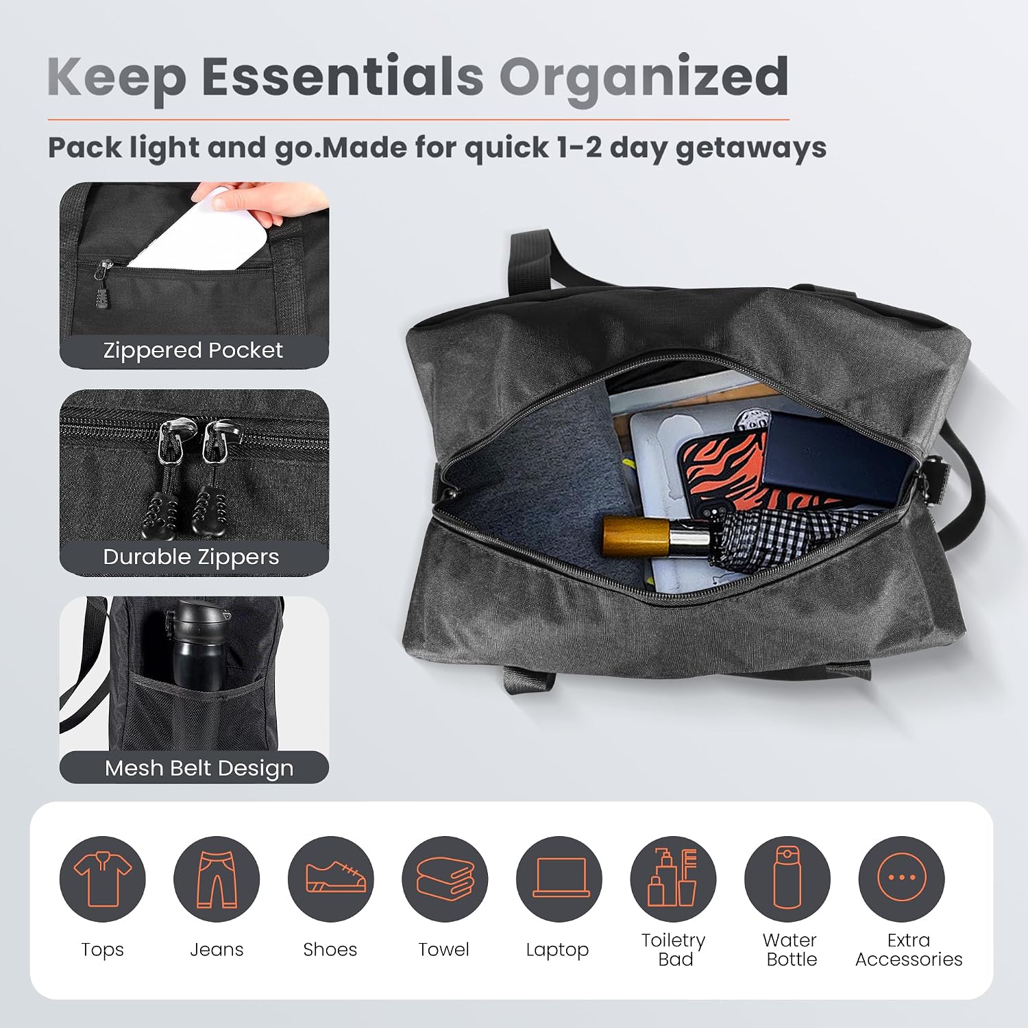 Small Gym Bag 14 Inch Duffel Bag for Women & Men,Waterproof Travel Sports Bags,Mini Gym Duffel with Bottle Holder,Foldable Lightweight Carry On Duffle-Black