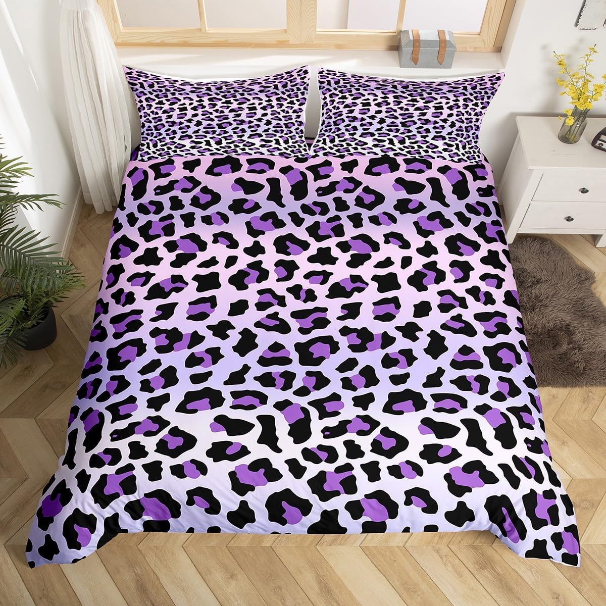 Feelyou Purple Leopard Duvet Cover Cheetah Bedding Set for Kids Boys Girls Teens Room Decor Animal Print Comforter Cover Set Full Size Safari Bedspread Cover 3Pcs Zipper