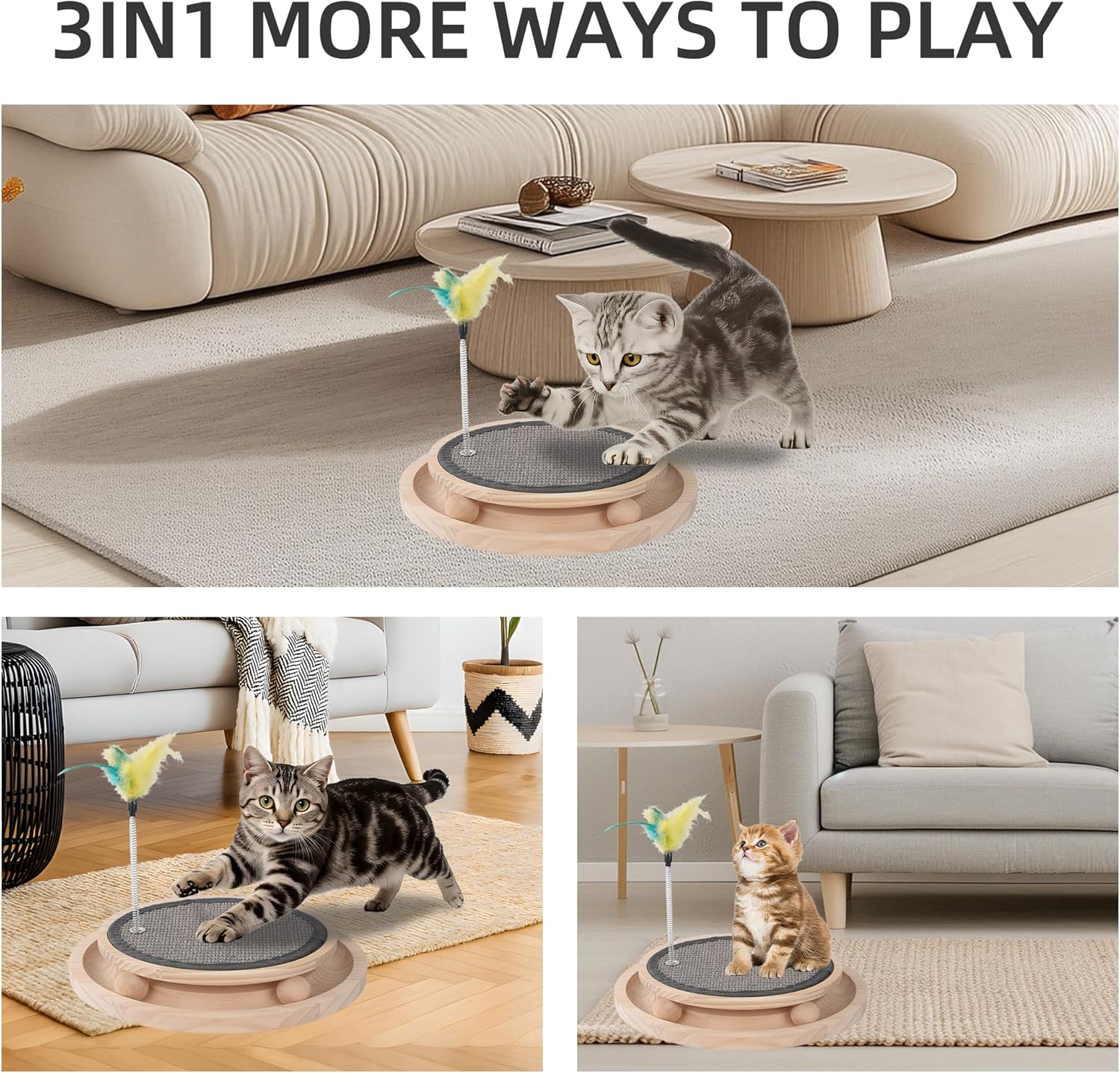 Natural Sisal Round Cat Scratcher，Interactive Cat Ball Track Toy for Indoor Cats，Cat Scratching Pads，Kitten Toys for Chasing Hunting Mental Physical Exercise Puzzle