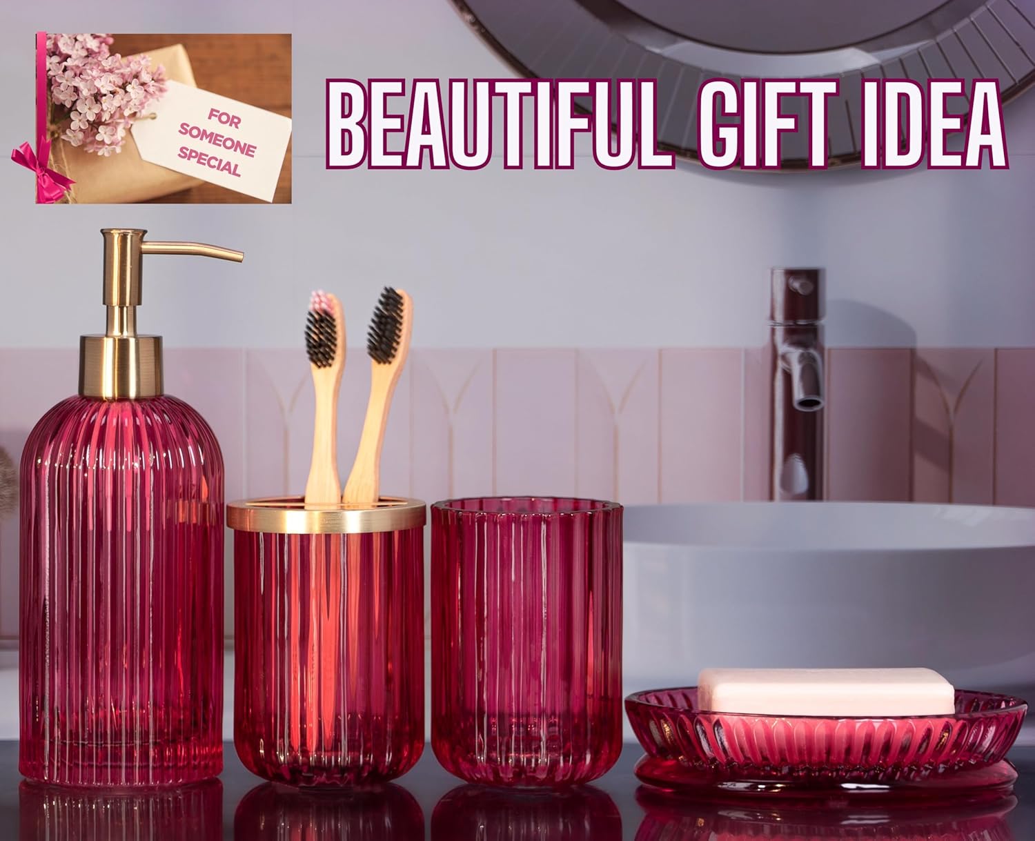 4 Piece Heavy Weight Patterned Glass Brushed Gold Metal Luxury Bathroom Accessory Set with Lotion Dispenser, Toothbrush Holder, Tumbler & Soap Dish | Modern Gift (Magenta/Pink)