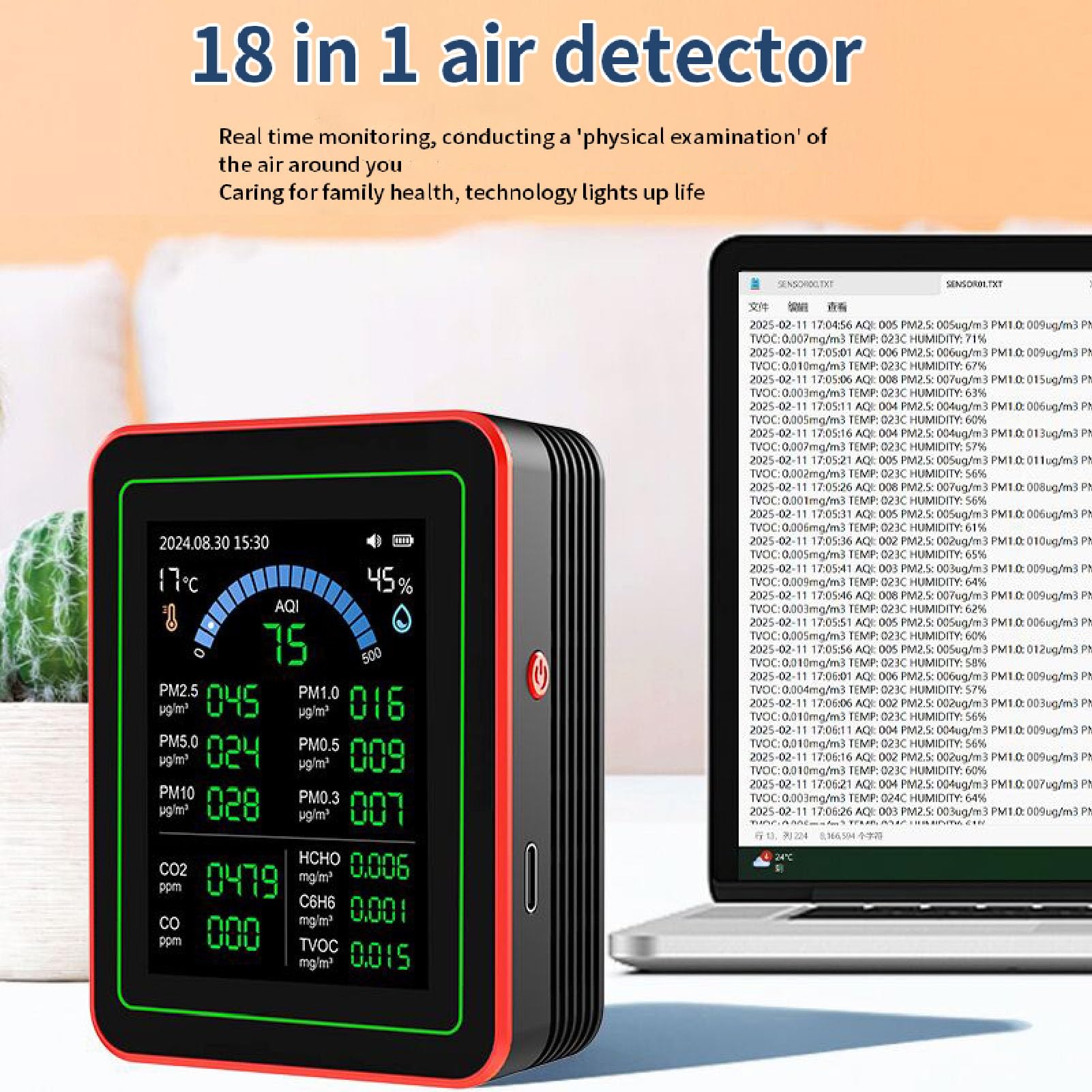 Misuratore Qualità Aria per Casa 18 in 1 CO2 PM2.5 Temperatura Umidità con Batteria e Memoria Dati