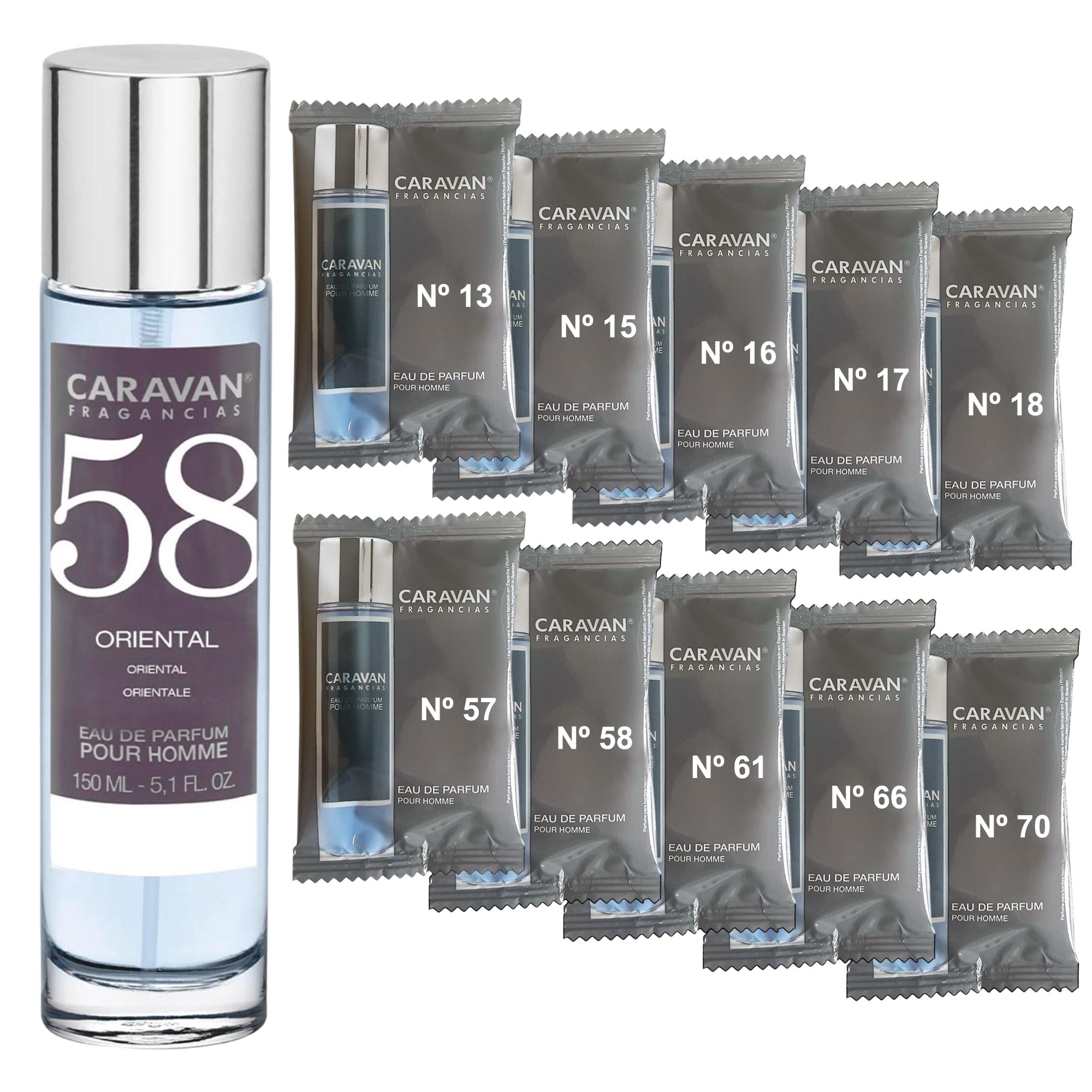 CARAVAN FRAGANCIAS Perfume de Hombre Nº58 de 150 ml + Set de 10 Viales de Fragancias Masculinas distintas de Caravan para descrubir nuevos aromas