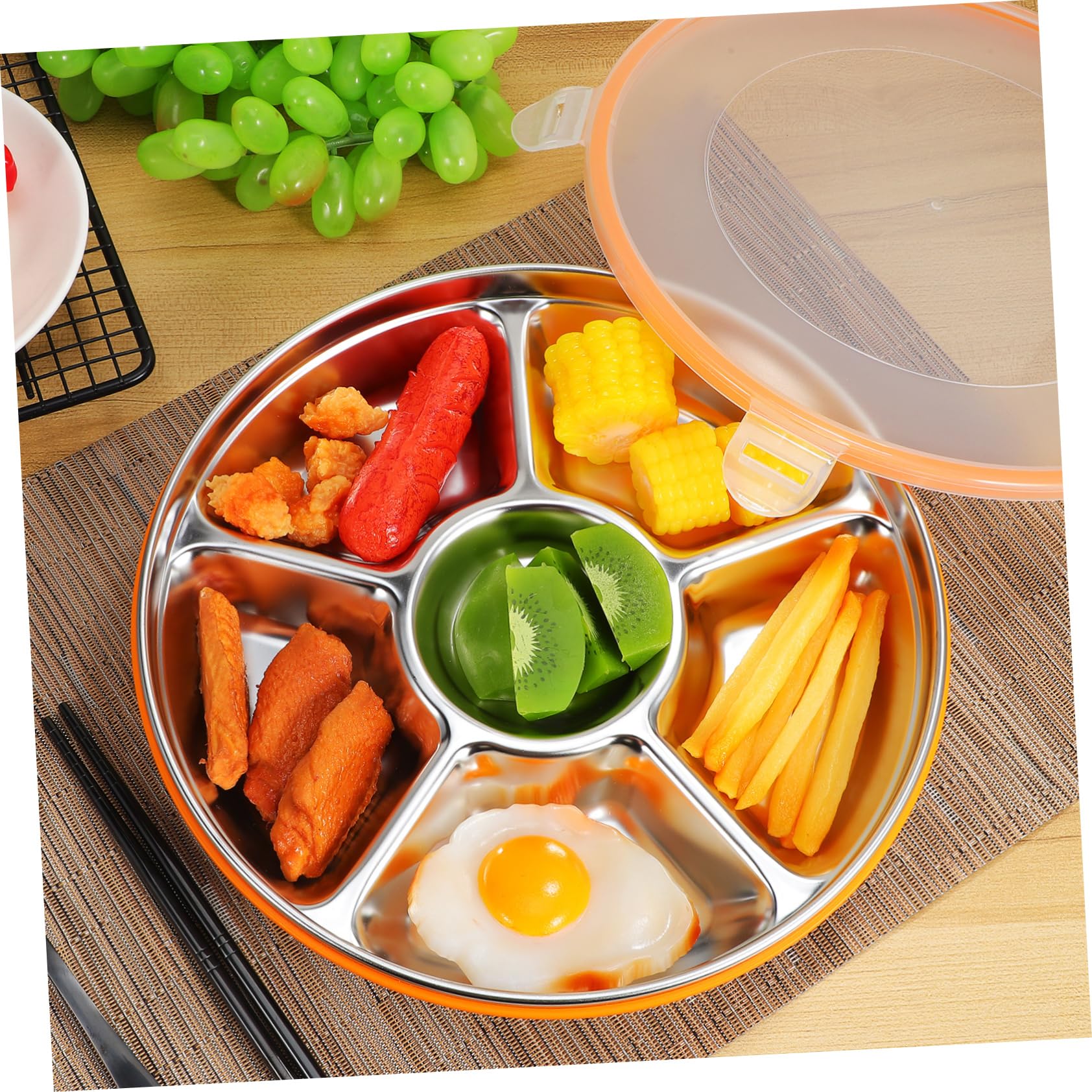 Snackbox Edelstahl mit Deckel Servierplatte mit 6 Fächern aus Edelstahl und Pp Getrenntes Design für Picknick und Outdoor