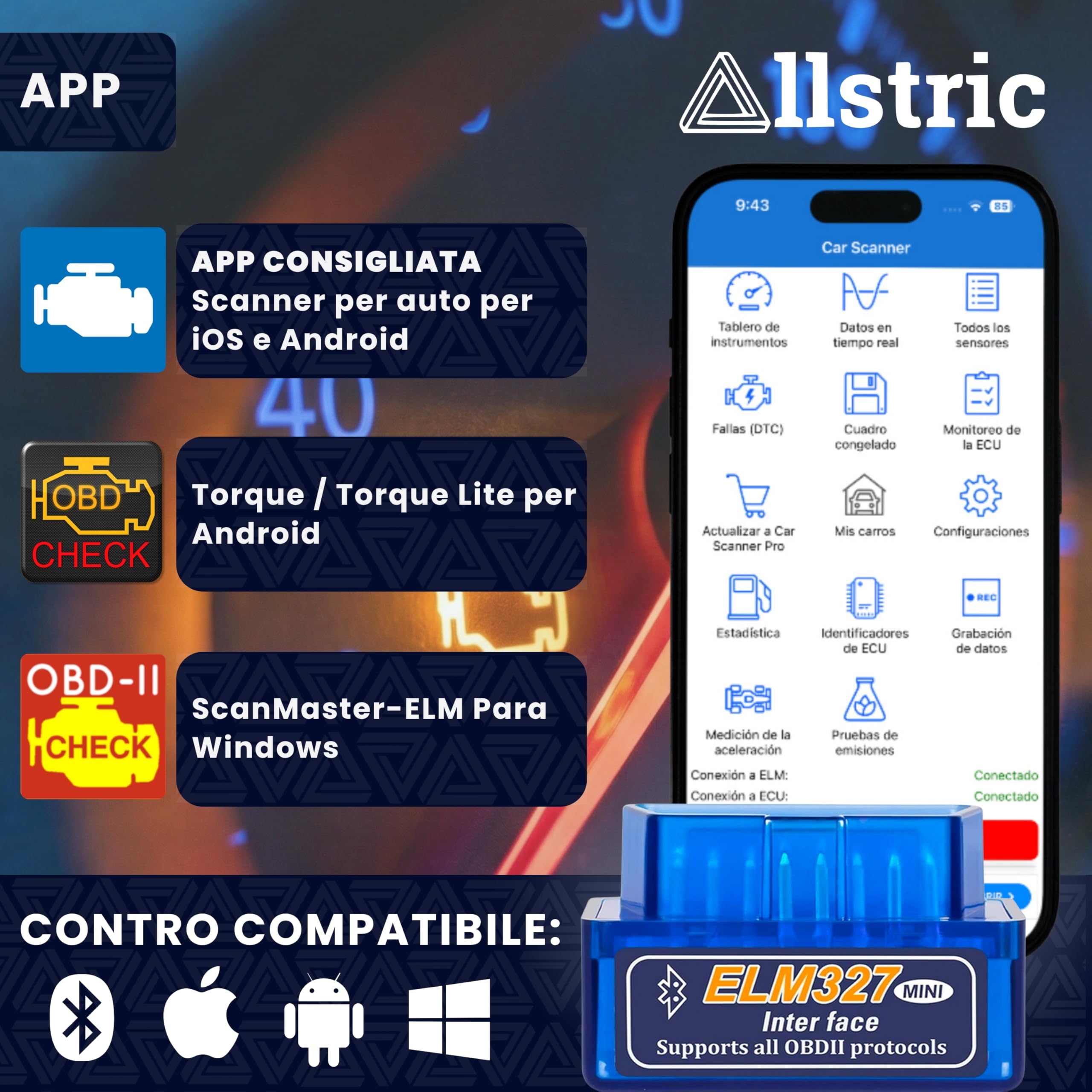 OBD2 Auto Diagnostica. ELM327 Lettore e Strumento di Diagnostica Bluetooth. OBD2 Macchina Diagnosi per Veicoli OBD2 dal 1996 | Non per Elettrici/Ibridi/Camion